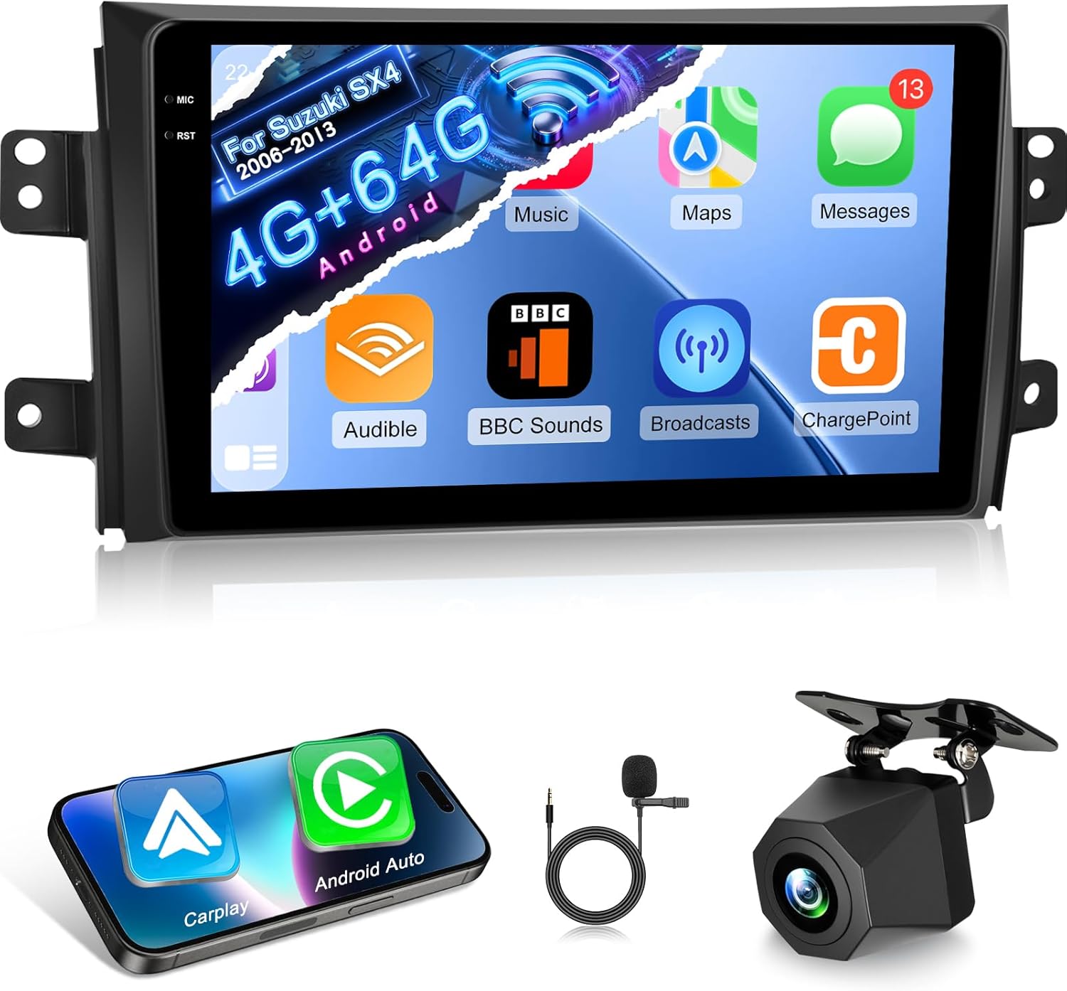 4G+64G Android 15 Car Stereo for Suzuki SX4 2006-2013 with Wireless Carplay & Android Auto - 9 Inch HD Touchscreen Radio with EQ/5G WiFi/GPS/SWC/Mirror Link, AHD Rear View Camera