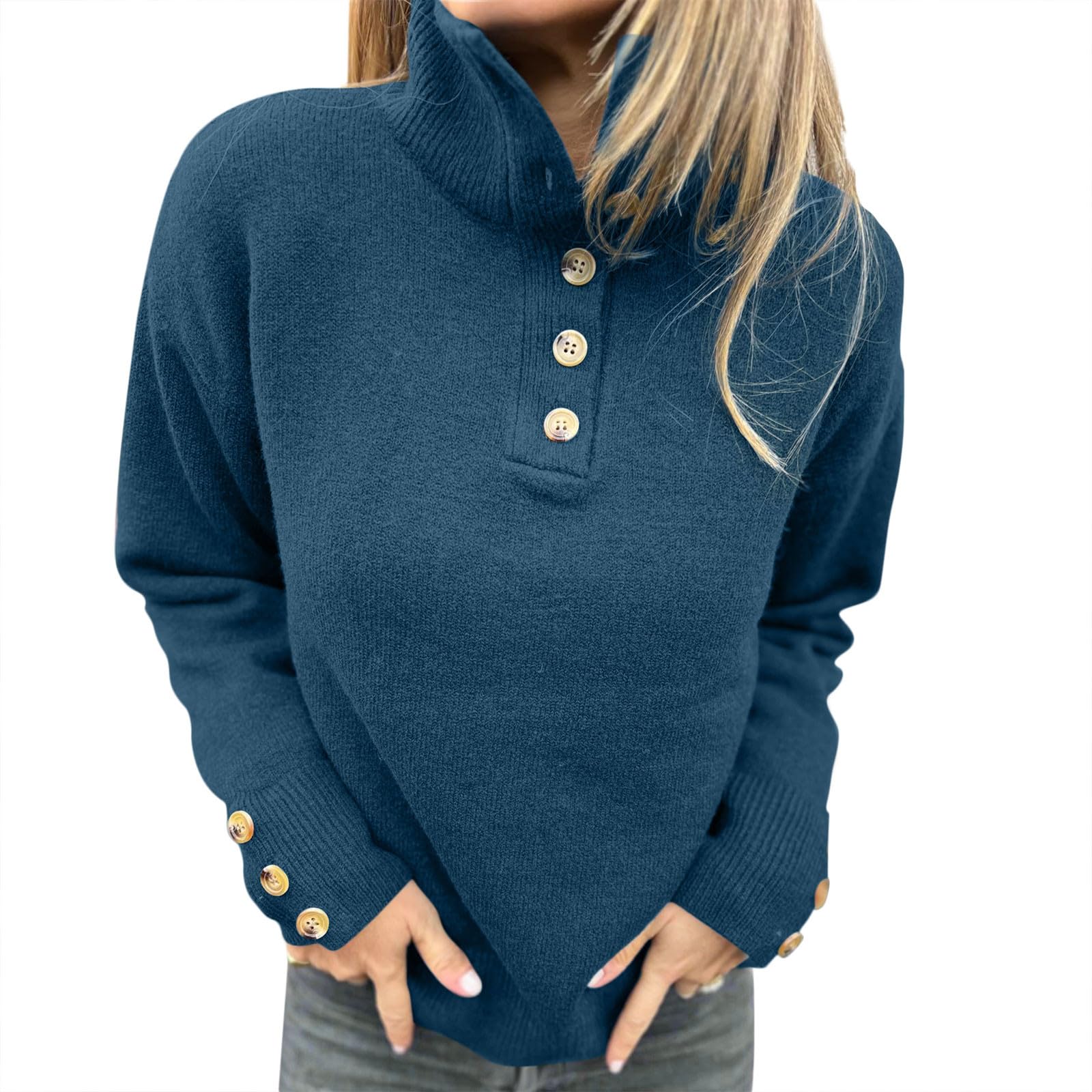 Fall Sweaters for Women Knitted Long Sleeve Comfy Street Pullover Tops Button Up Mock Neck Sweaters Trendy 2025
