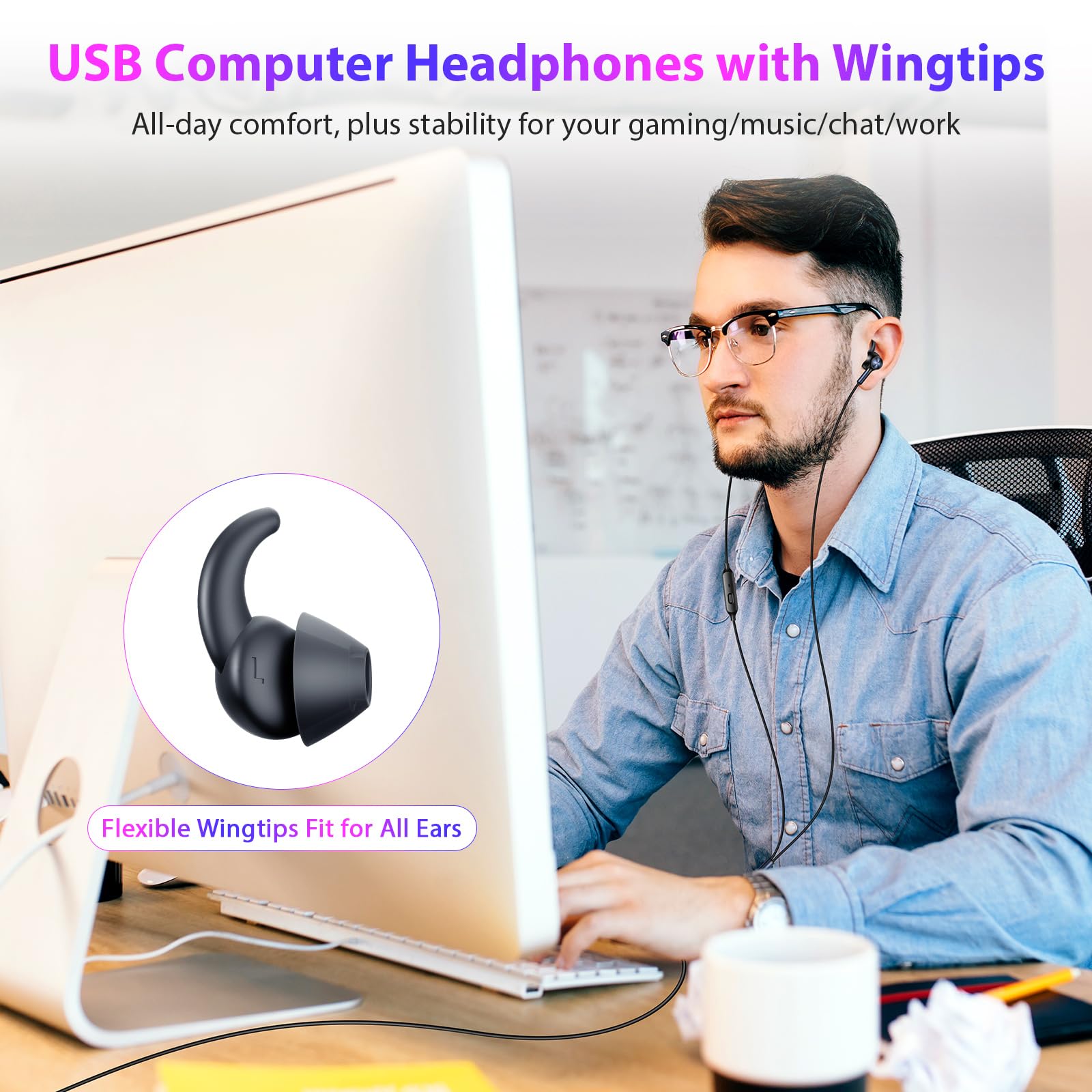 APETOO USB-C Wired Earbuds Noise Canceling in-Ear Earphones with Anti Fall/Hurt Wingtips for iPhone 16-15/Samsung S25-S20/Pixel 10-4 + USB Computer Headphones in-Ear Headset for PC/Laptop/PS4 1