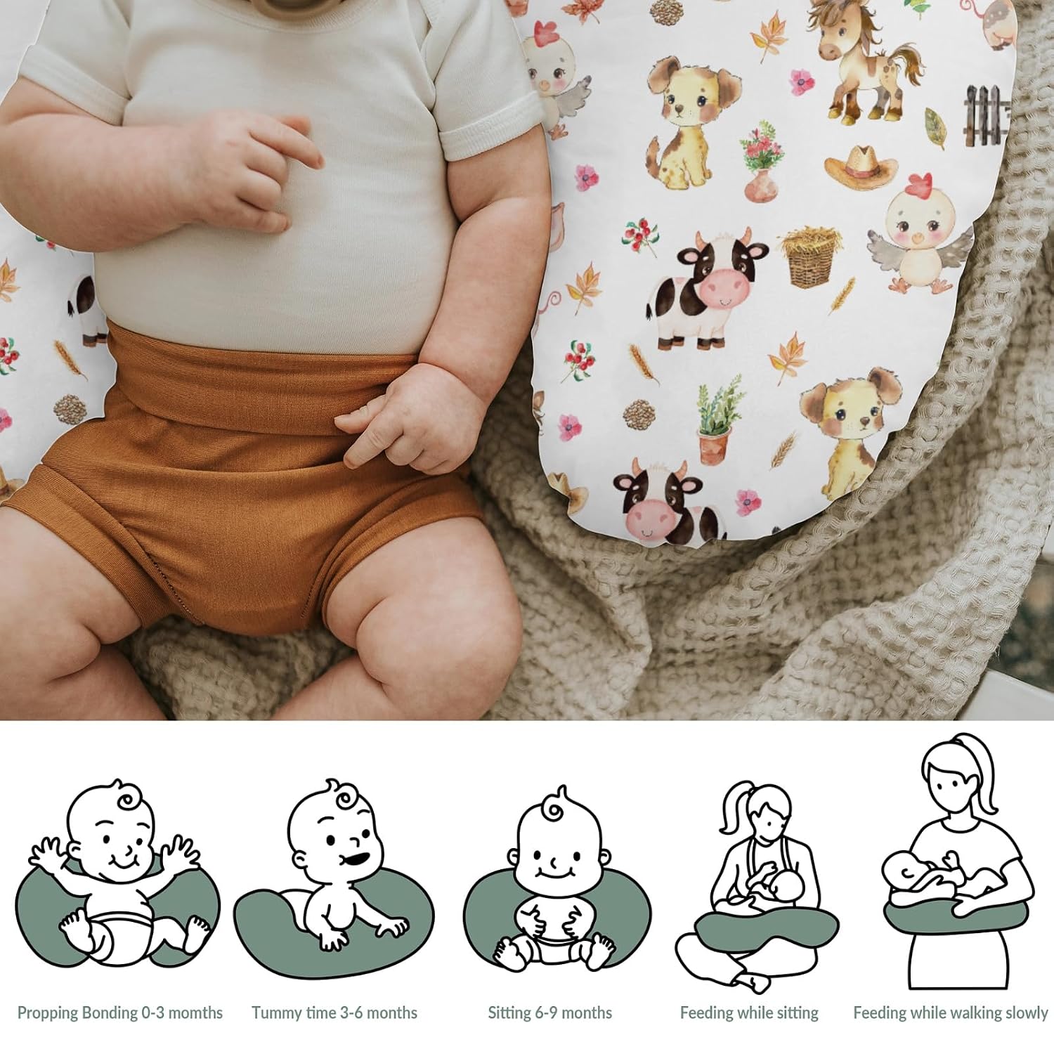 Cute Pastel Farm Animals Baby Nursing Pillow Covers for Boy Girl Farmhouse Pig Cow Chick Dog Meadow Nursing Pillowcase for Breastfeeding Pillows Farmland Soft Stretchy Slipcovers for Newborn Infant