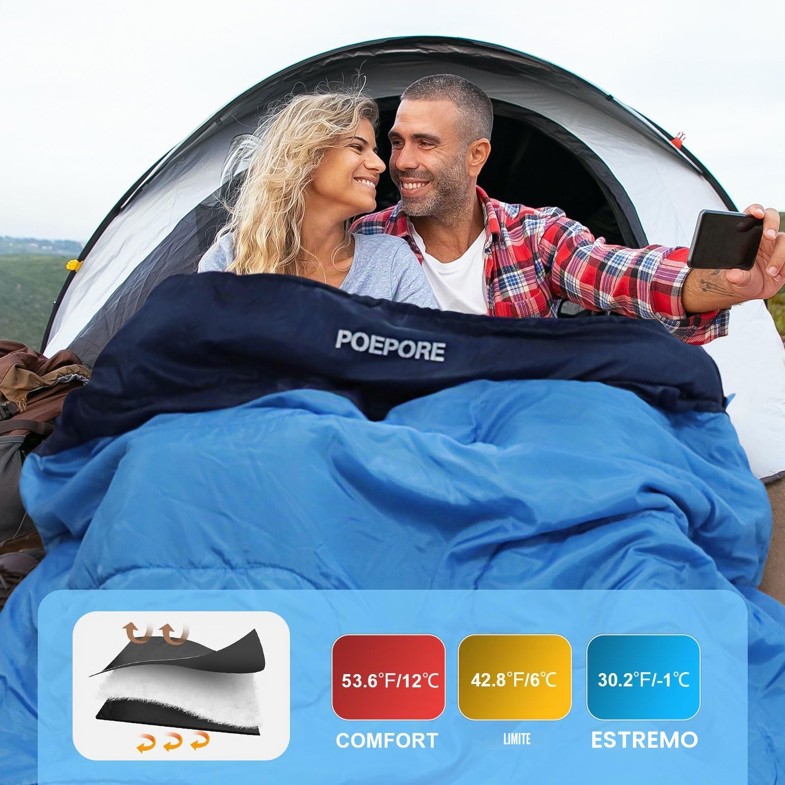 Sacco a Pelo Matrimoniale in Flanella per Adulti 0℃ 3-4 Stagioni Sacci a Pelo 2 Persone Portatile con 2 Pillow e un Sacco a Compressione Campeggio Trekking Escursioni 233 x 157 cm