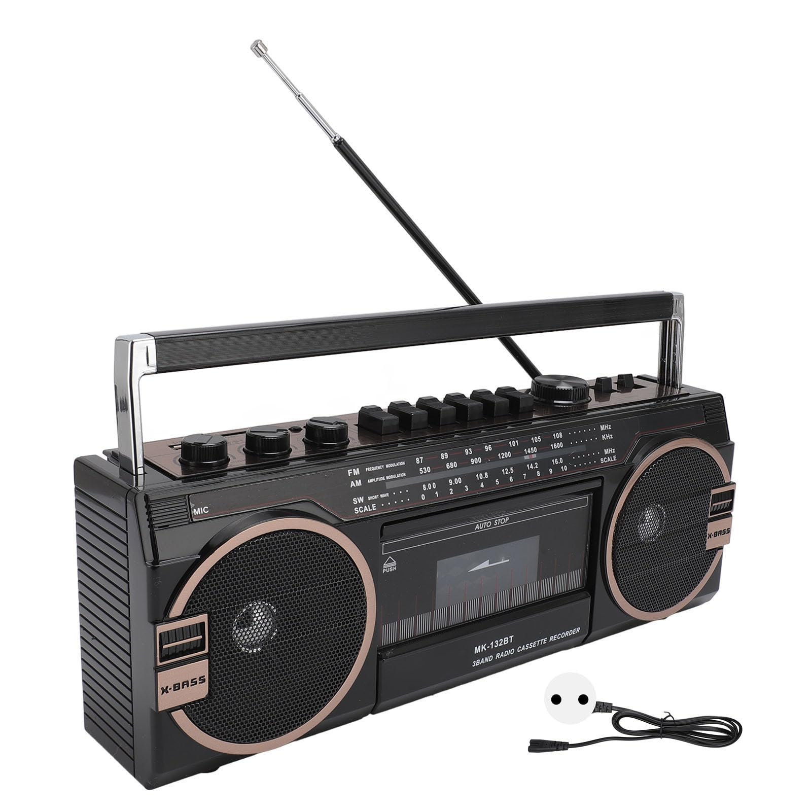 Boombox à Cassette, Boombox Rétro Blueooth avec Entrée USB, SD et AUX 3,5 Mm, Lecteur et Enregistreur de Cassettes AM FM SW (Black)