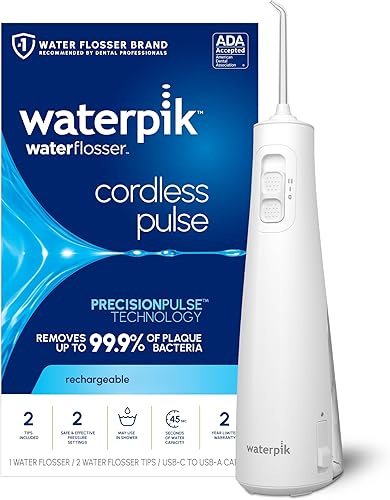 Miniatura 1 de Waterpik Irrigador de agua portátil recargable de pulso inalámbrico para dientes, encías, cuidado de aparatos ortopédicos y viajes con 2 puntas de