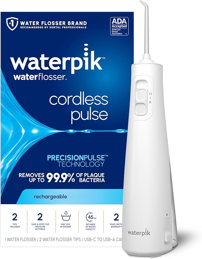 Waterpik Cordless Pulse Rechargeable Portable Water Flosser for Teeth, Gums, Braces Care and Travel with 2 Flossing Tips, Waterproof, ADA Accepted, WF-20 White, Packaging May Vary - Best deal on Amazon