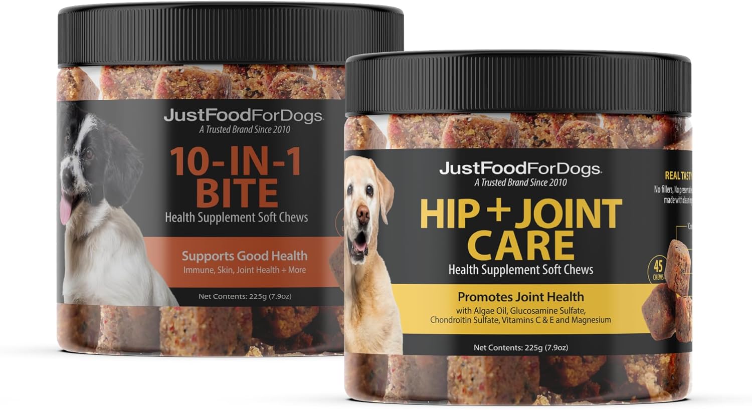 JustFoodForDogs 10-in-1 Multifunctional & Hip + Joint Supplement Soft Chews for DogsPlant-Based, Human Grade -45 Count of Each, 90 Chews Total