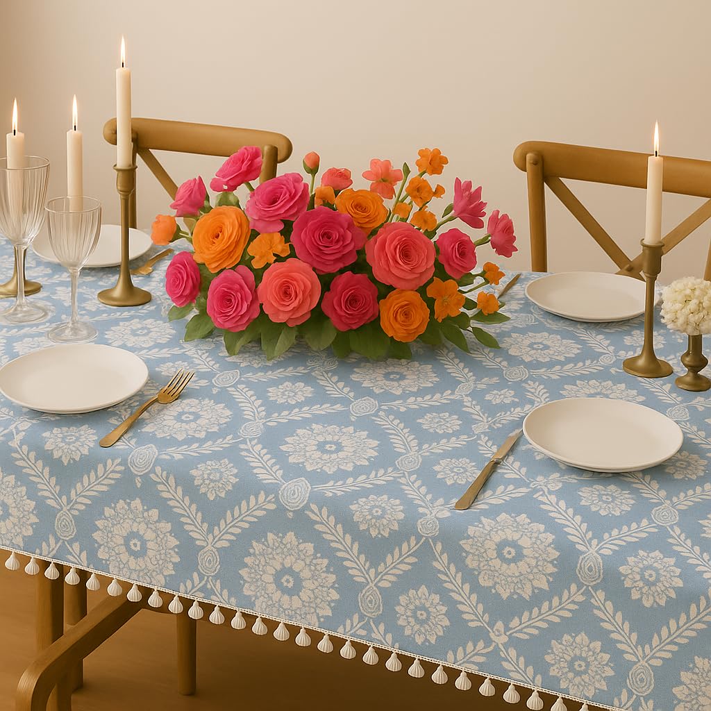WWW.THROWPILLOW.IN Powder Blue Floral Tassel Boho Printed Dining Table Cover Rectangle Shape 52"x 120", Anti Skid Table Cloth for 7 Feet Center Coffee Table Cover|Living Room Diwali Decor 3