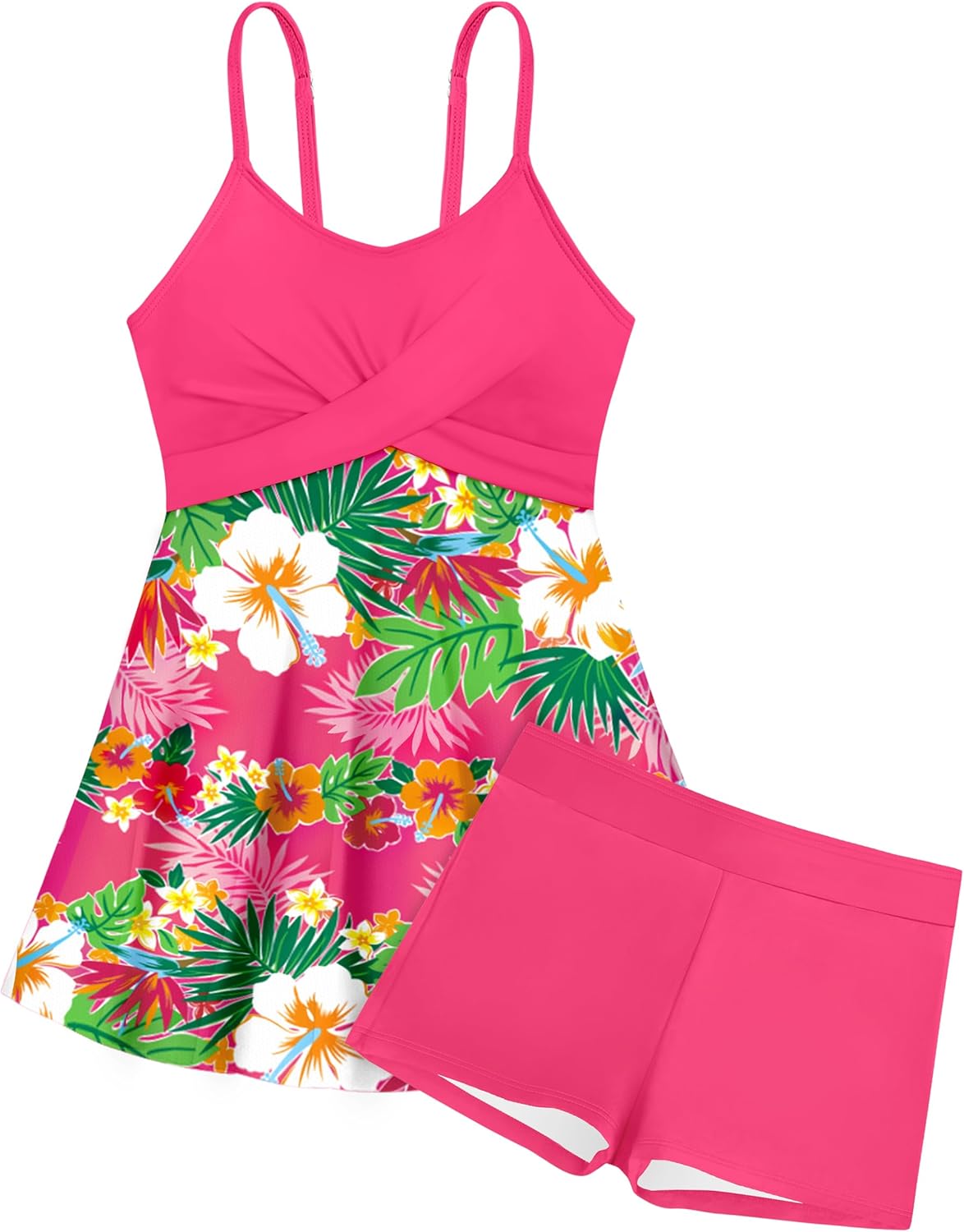Girls Swimsuits Criss Cross Tropical Print Mesh Dress Bathing Suits with Shorts 2 Piece Tankini for Teens