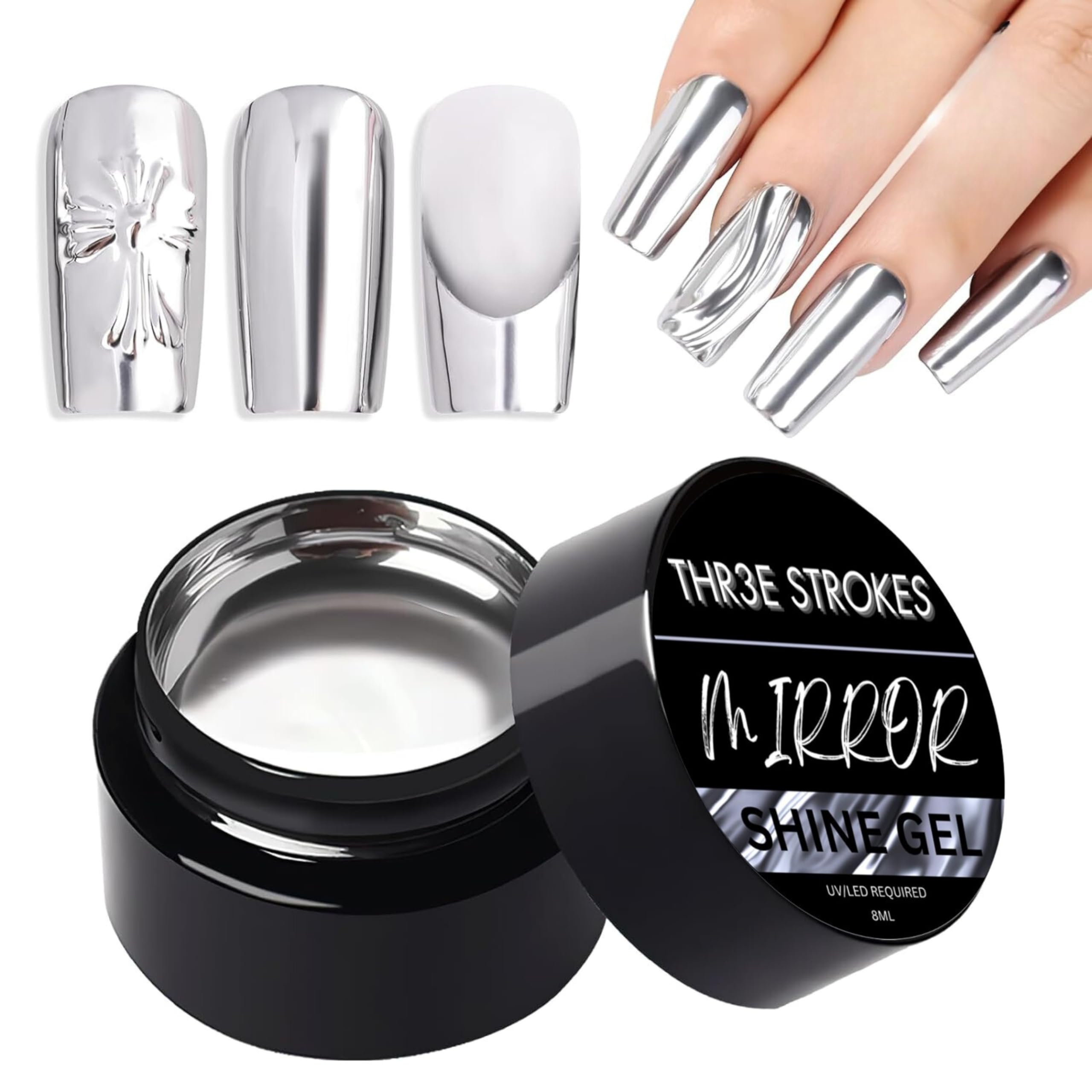 THR3E STROKES 8ml Mirror Shine Gel Metallic Silver Gel UV/LED Gel Metal Painting Gel Drawing Mirror Nail gel for Nail Art Designs (SILVER)-image-30