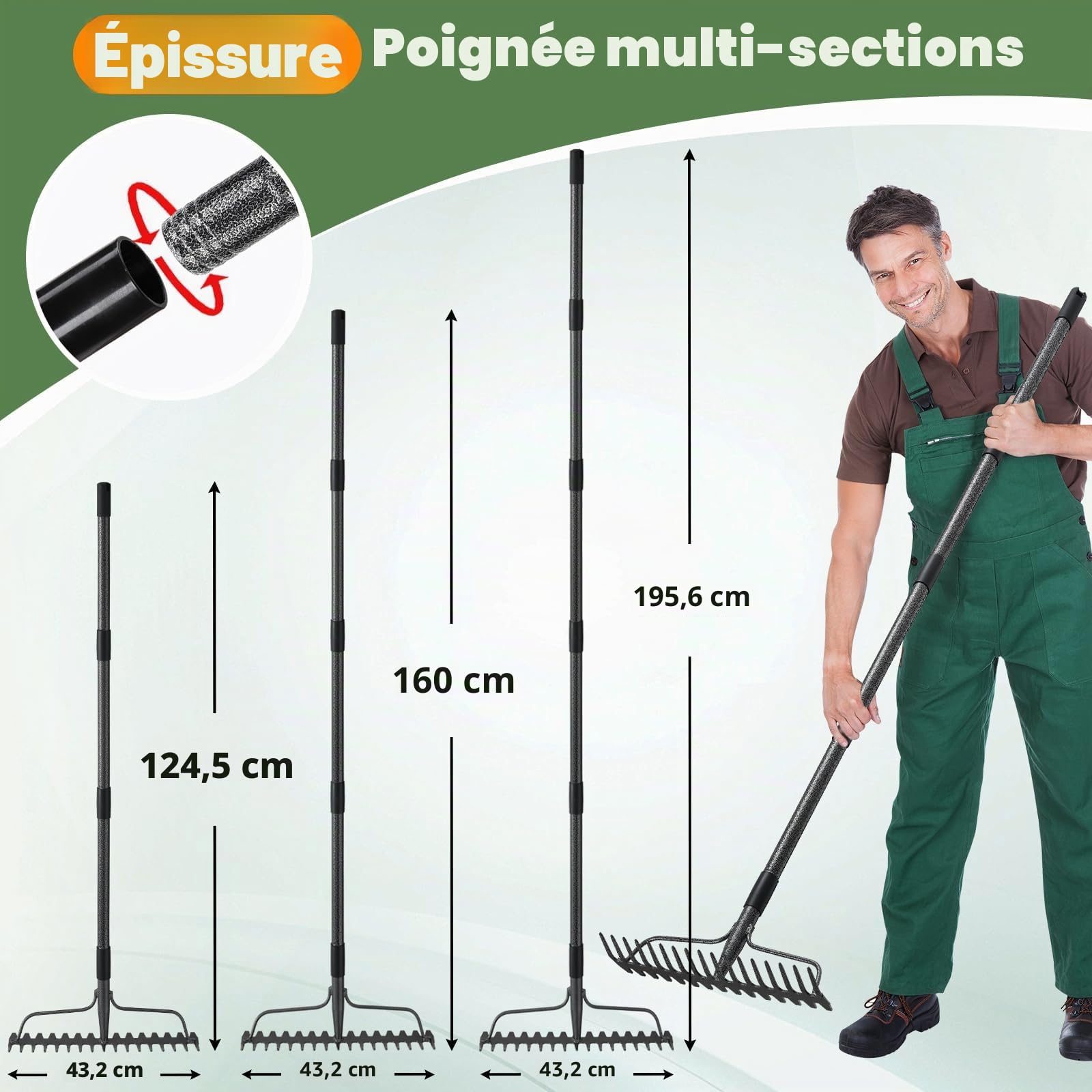 Râteau robuste pour jardin, jardin : râteau de 190 cm avec 17 pinces, ameublissant le nivellement du sol et les feuilles d'herbe