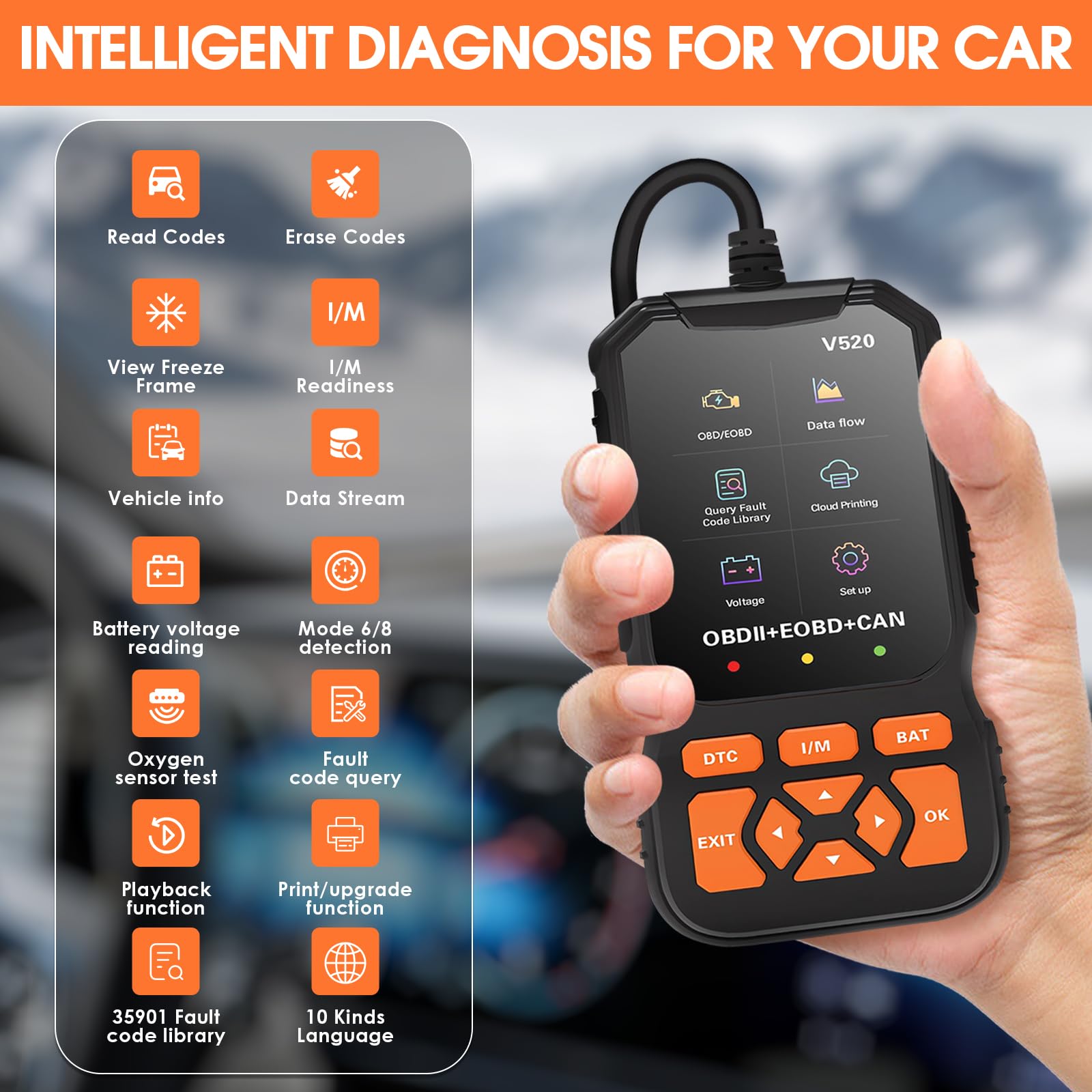 OBD2 Diagnosis Coche, OBD Scanner, Herramienta de Diagnóstico del Sistema del Motor, Sistema de Sensores O2, Prueba EVAP, LCD Mostrar, Admite 10 Idiomas Incluido el Español