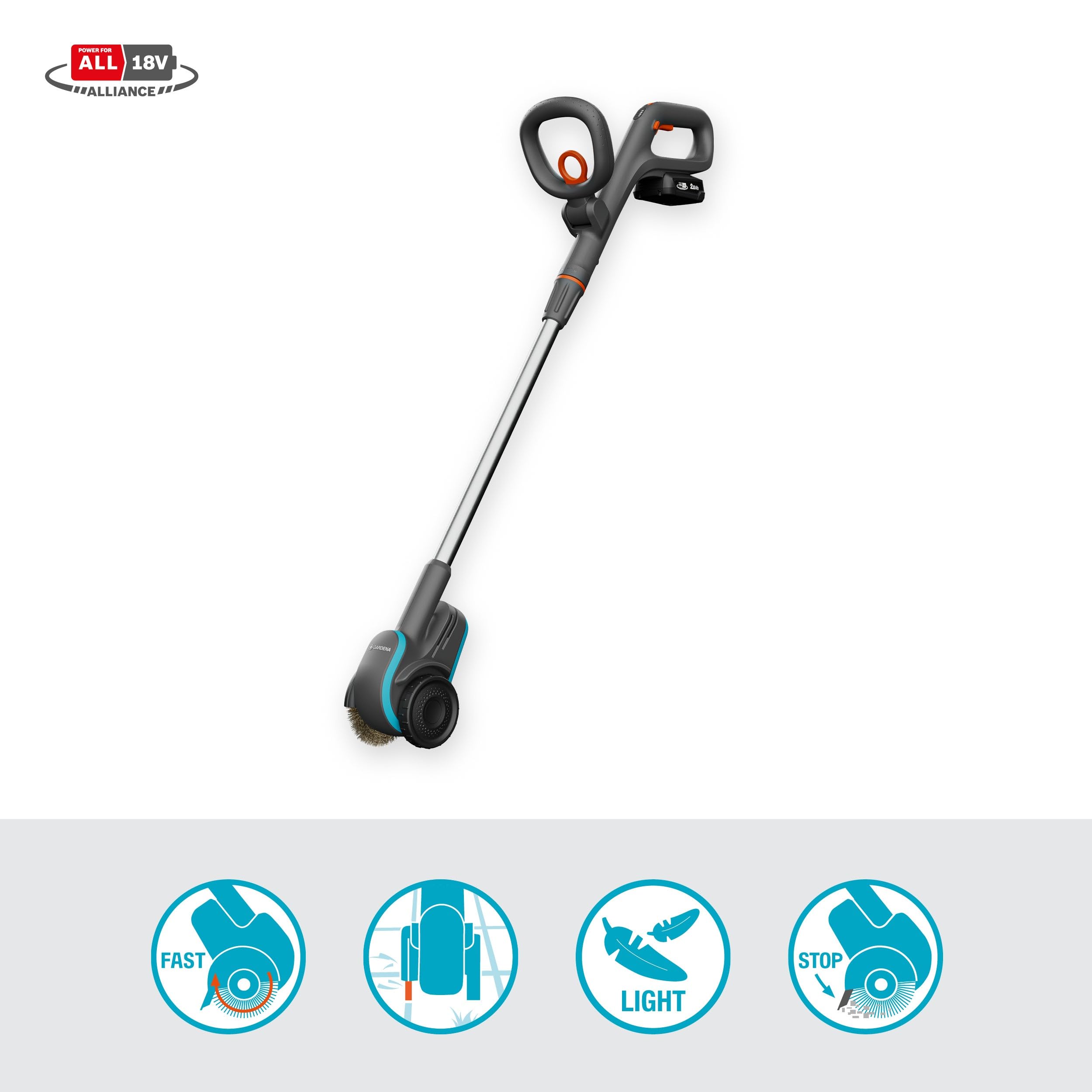Gardena Cepillo para las malas hierbas a batería EasyWeed 1800/18V P4A Set listo para usar: Limpiador de juntas de malas hierbas, Fácil de manejar, Disco de alambre de acero (14820-20)
