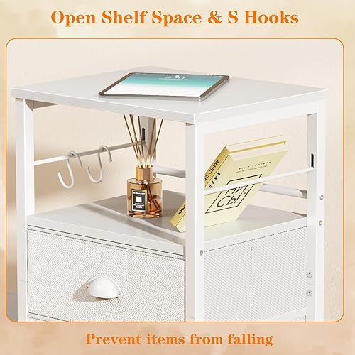 Miniatura 6 de Furologee Juego de 2 mesitas de noche, mesa auxiliar con 2 cajones de tela, mesita de noche con 2 ganchos, estante de madera abierta para