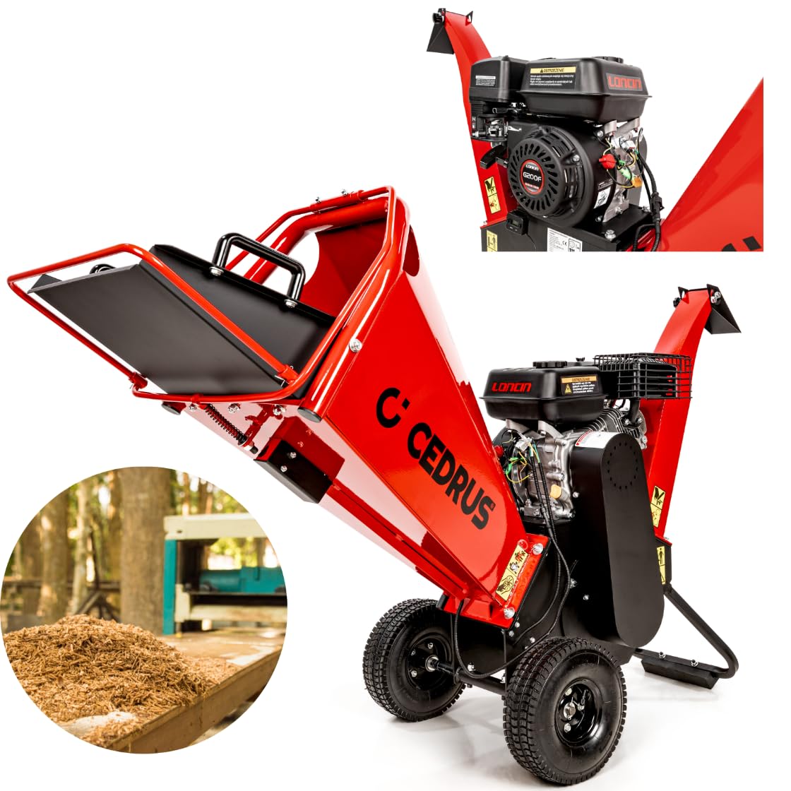 CEDRUS RB02 Broyeur de jardin à essence professionnel – Broyeur à bois et branches puissant avec moteur Loncin G200F 6,5 CV jusqu'à 100 mm de diamètre de branche mobile