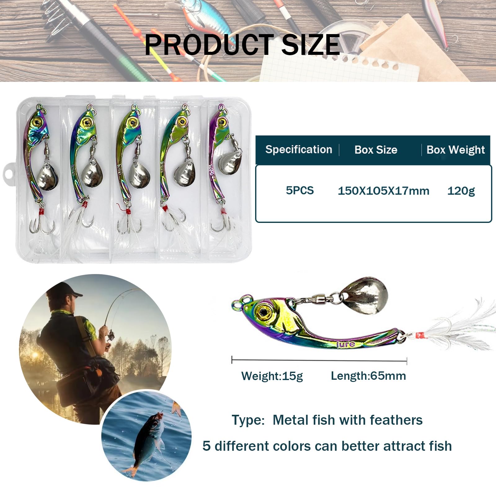 5 sztuk jig Spinner zestaw 15 g w pudełku na przynęty, metalowa łyżka, spinner, spinner do okonia, szczupaków, sandaczy, kleni, prezentów wędkarskich dla mężczyzn, przynęty wędkarskie do wody