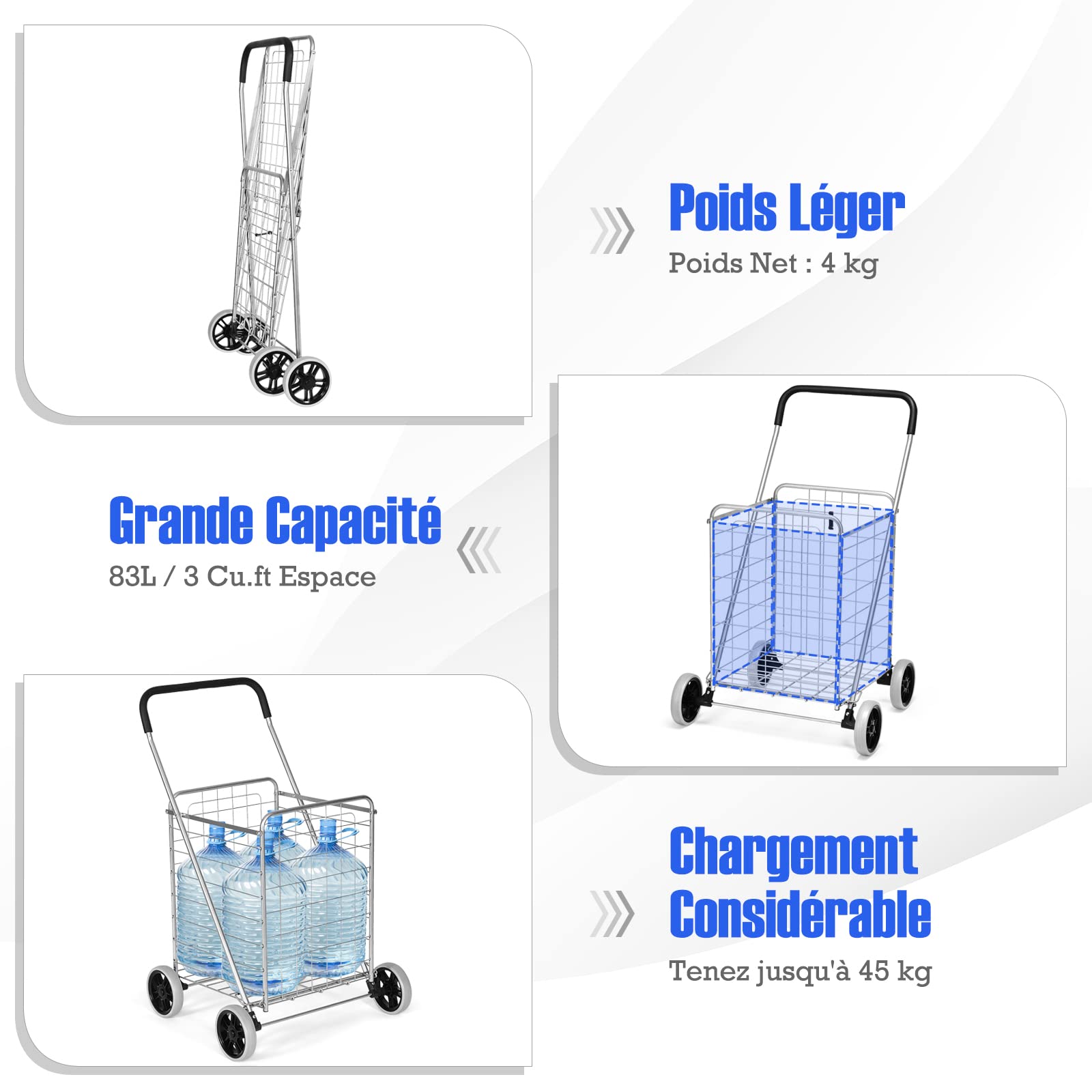 GYMAX Chariot de Courses Pliable, Caddie de Courses à roulettes, Capacité 83L, avec Poignée en Mousse, Pratique pour Provisions/Shopping/Supermarché（M）