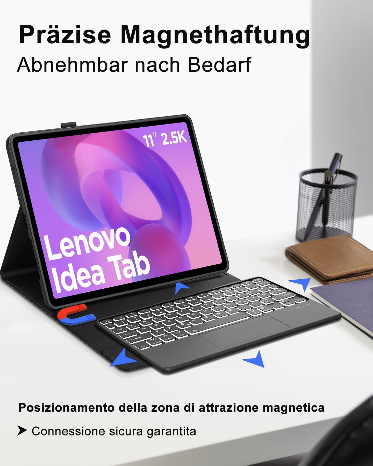 Für Lenovo Idea Tab 11" Hülle mit Touchpad & Beleuchtung QWERTZ | Mit 7-Farben Beleuchtung & Touchpad - Premium für Produktivität, Für Lenovo Idea Tab 11 Hülle mit Tastatur Schwarz