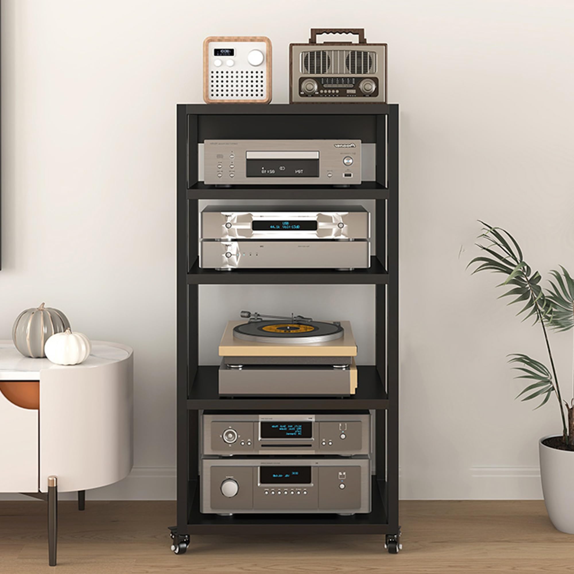 Ruchoma półka na media AV z kółkami, 5-poziomowy odtwarzacz płyt i stojak na telewizor, szafka stereo i stojak na audio, do salonu, pokoju gier, studia muzycznego, 55 x 50 x 110 cm