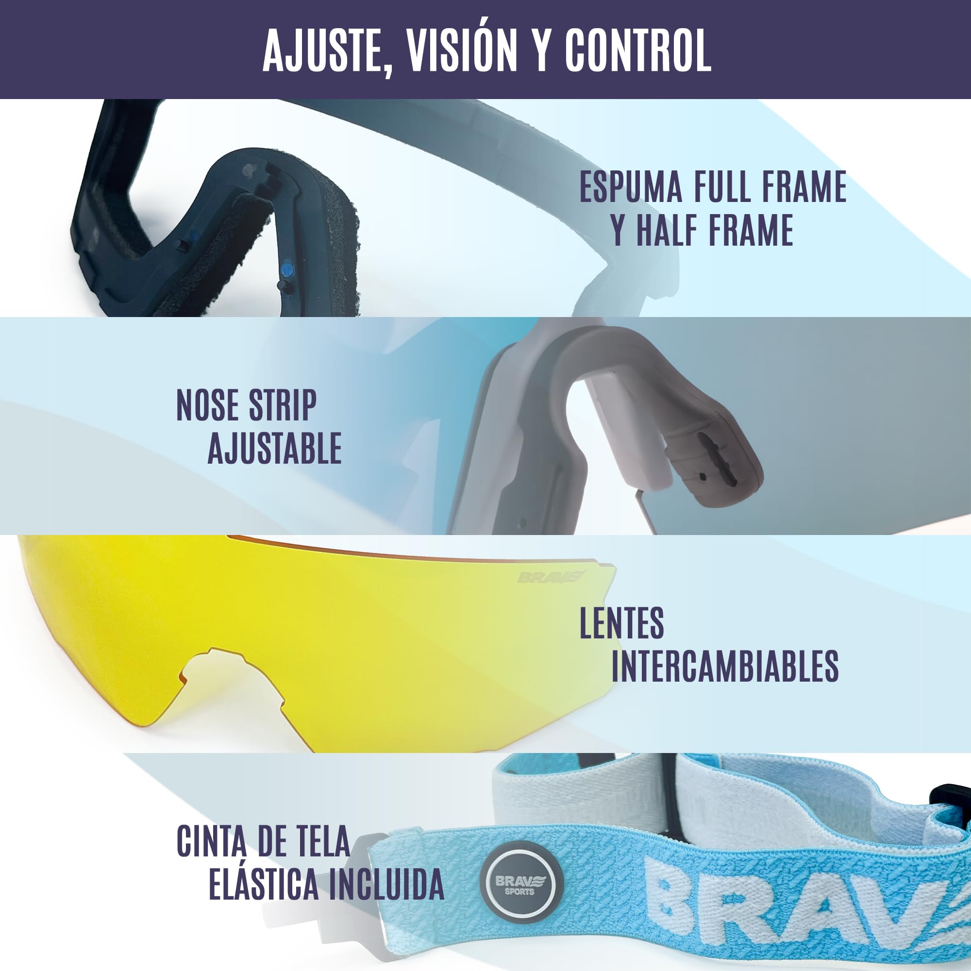 BRAVE RIFT – Gafas deportivas Fotocromáticas o Polarizadas con Lente PC UV400 – Patillas y Cinta Ajustable Intercambiables – Doble Espuma Sellado Agua/Nieve – Set Completo
