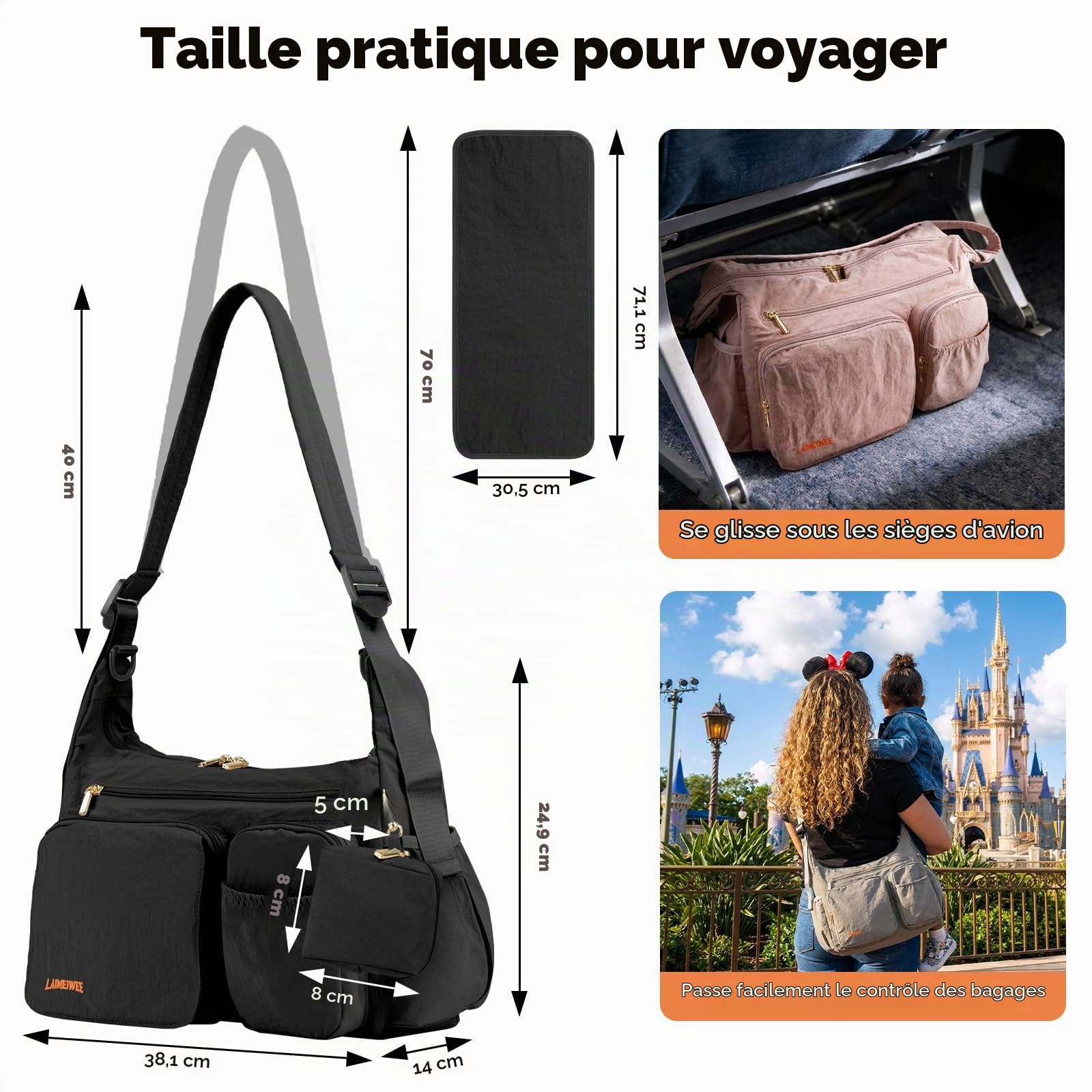Sac à Langer Bouffant 2-en-1, Organisateur Poussette & Sac Bandoulière, 13L Léger, Sac de Voyage Bébé, Travail, Sport, Maternité