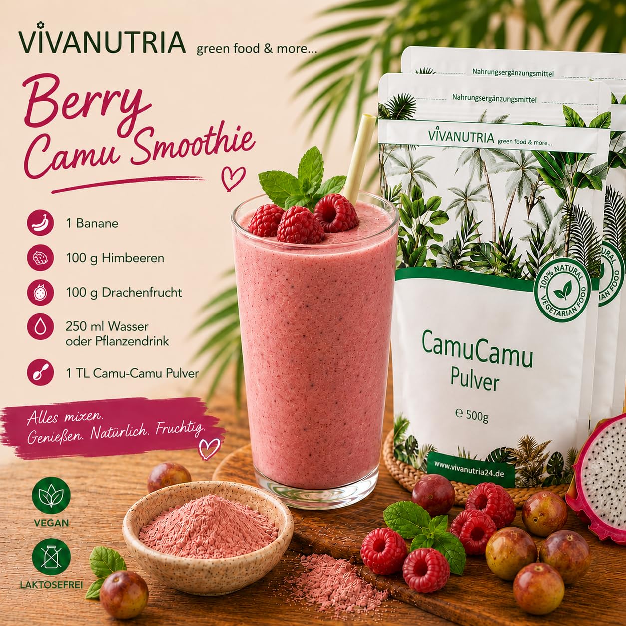 VivaNutria Camu Camu Pulver 1000g I Vitamin C Pulver I Camu-Camu Superfood Pulver für Smoothies, Shakes & Müslitopping I natürliches Vitamin C I Ascorbinsäure I Antioxidantien I vegan