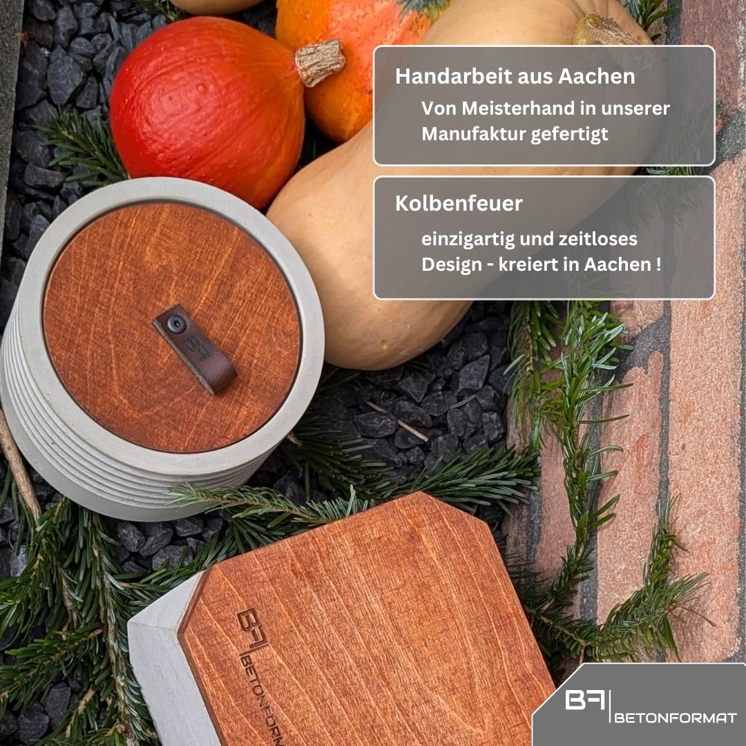 Kolbenfeuer | Wachsfresser | Outdoor Kerzenfresser 14cm aus Beton Hellgrau | Tischfeuer mit Dauerdocht | Kerzenwachs recyceln | handgefertigt | Lagerfeuer für Garten & Terrasse