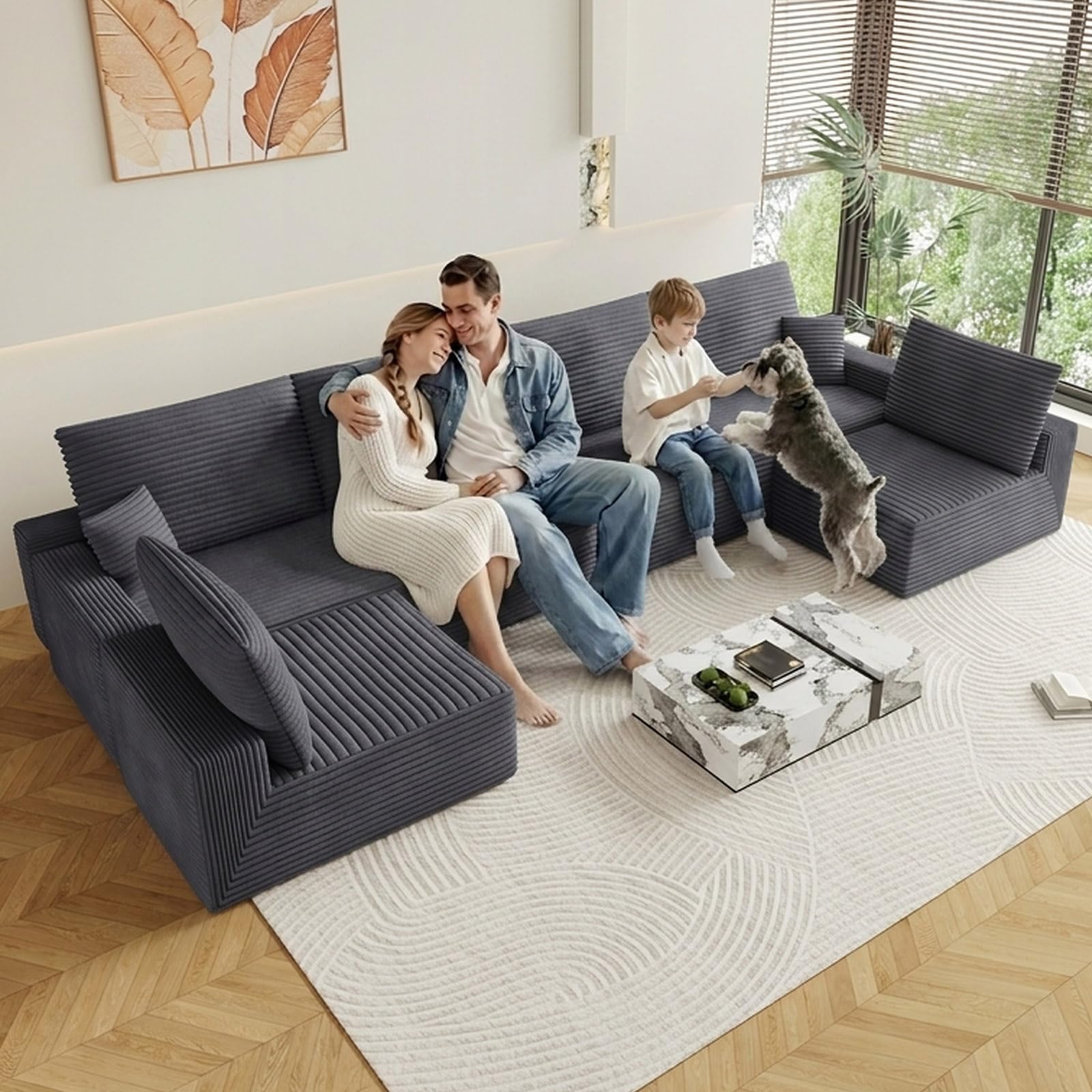 Oversized Modular Sectional Sofa Couch, Large 6 Seater Corner Sofa Modern U Shaped Sectional Couch Cloud Couches for Living Room, Office, Spacious Space, Corduroy, No Assembly Required, Dark Grey
