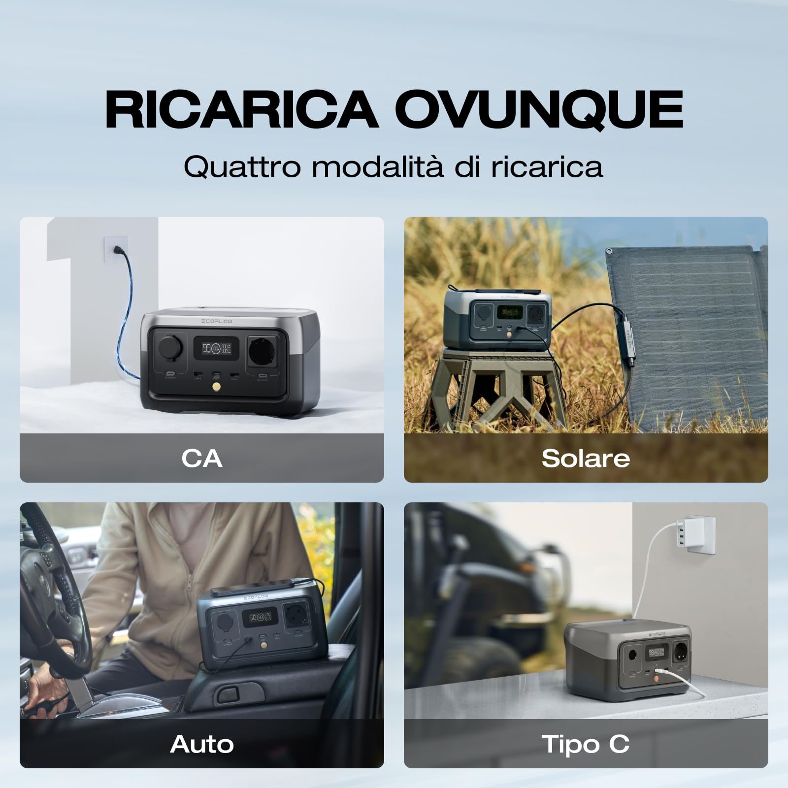 ECOFLOW Centrale Elettrica Portatile RIVER 2, batteria LiFeP04 da 256 Wh/ricarica rapida in 1 ora, uscita fino a 600 W, generatore solare (pannello non incluso) per campeggio/camper