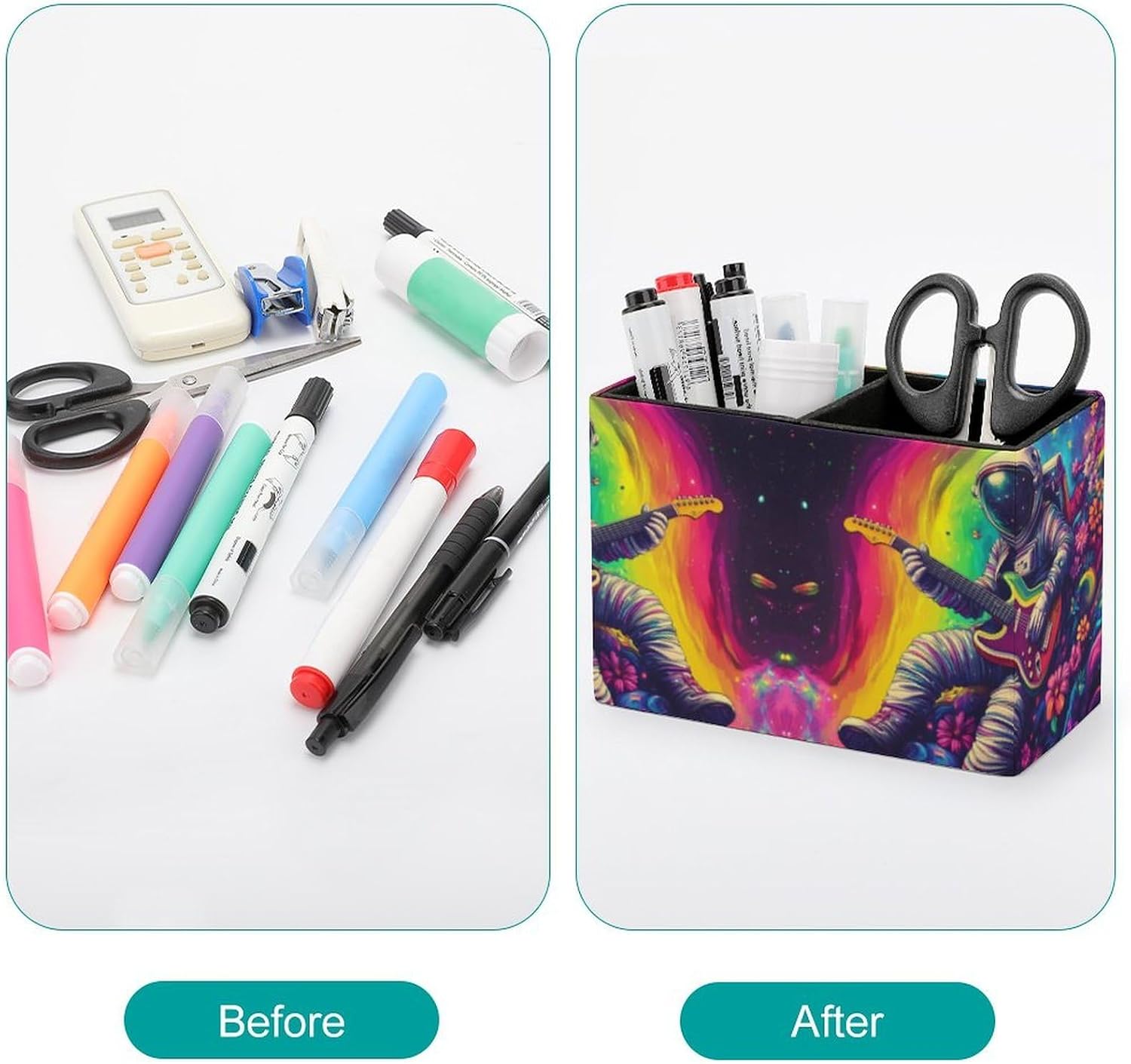 Astronauts Playing Guitar in Spacees Pencil Pen Holder PU Leather Desk Storage Organizer Makeup Brush Box