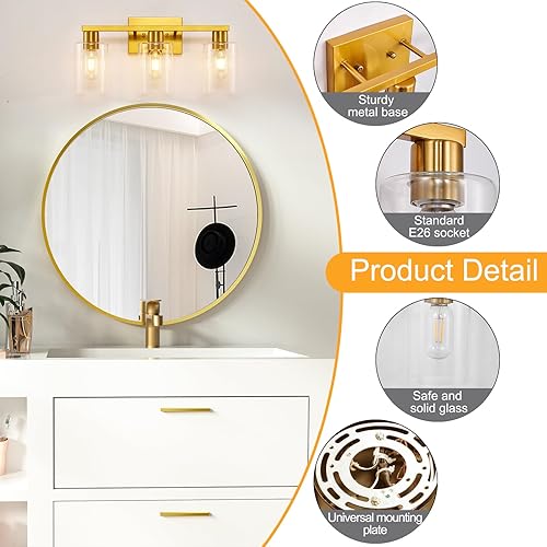 Miniatura 2 de Lámpara de tocador de baño dorada de 3 luces, modernas luces de tocador de oro cepillado con pantallas de vidrio transparente, lámpara de pared de