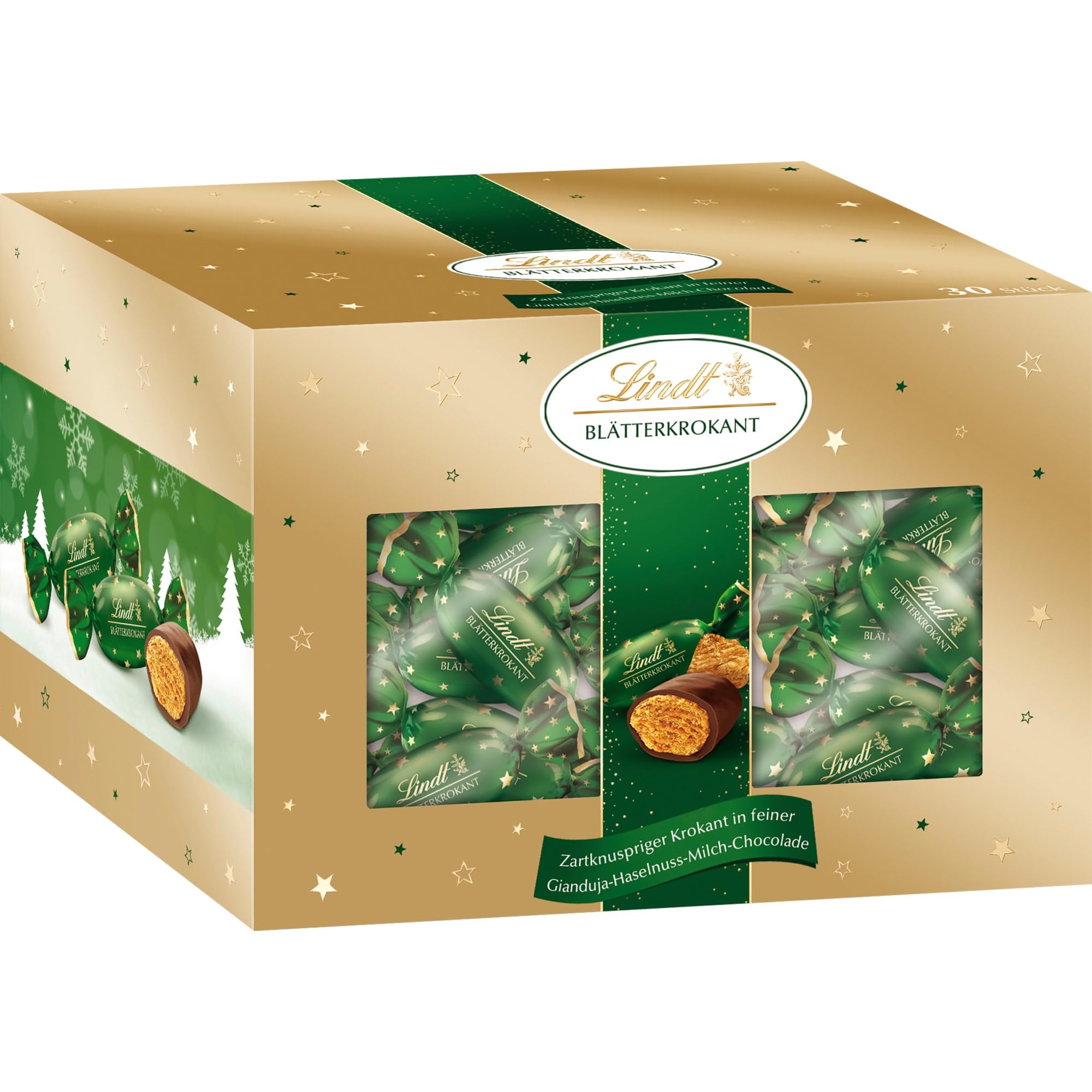 Lindt Schokolade | Blätterkrokant Doppeldreh Box | 450g | 25 x zartknuspriger Krokant in Gianjula Haselnuss Milch-Schokolade | festliches Schokoladen-Geschenk zu Weihnachten