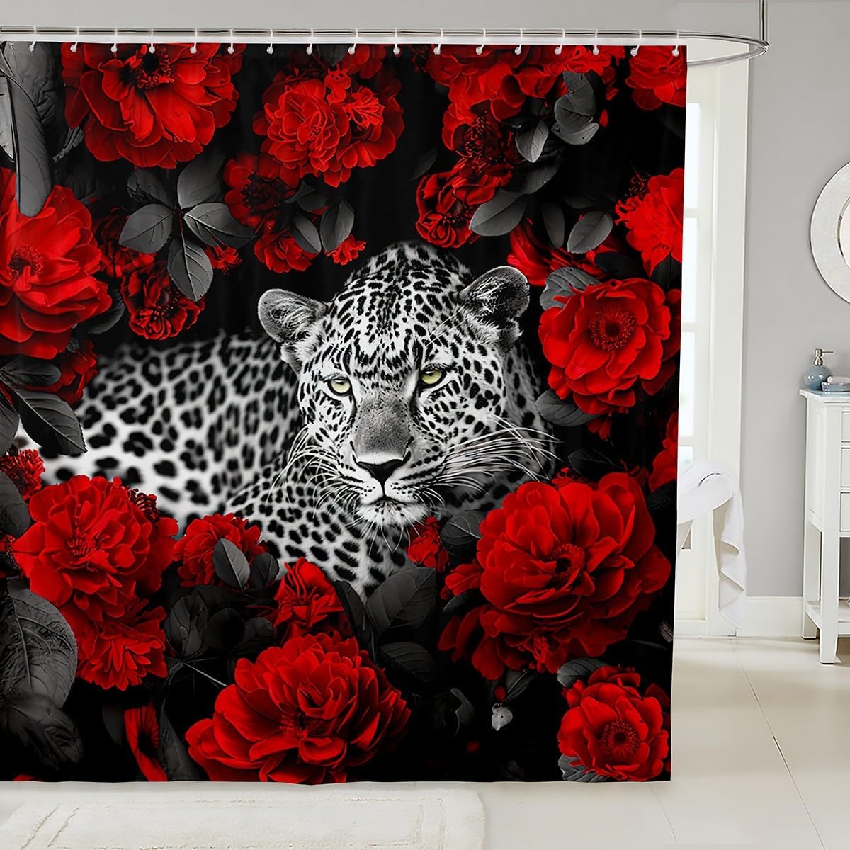 3D Leopard Bath Curtain Red Rose Cheetah Print Shower Curtain for Kids Child,African Safari Animals Shower Curtain Set Novelty Big Cat Wildlife Wild Animal Bathroom Decor Bathroom Decor 72"Wx72"L