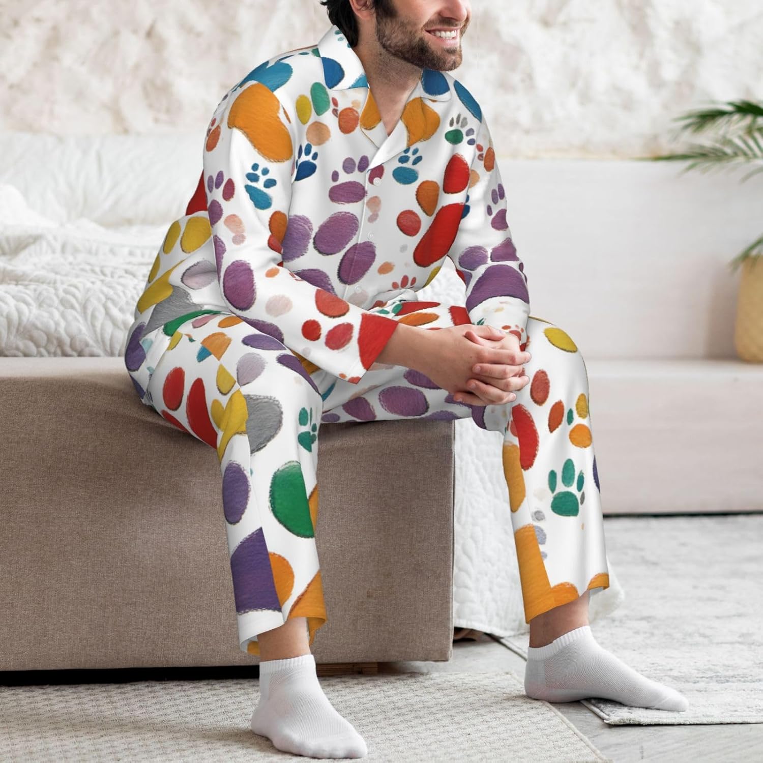 Paw Prints Art Print Luxurious Mens Pajamas Set,Breathable Pajamas Set,Perfect For Lounging Bed,Sofa