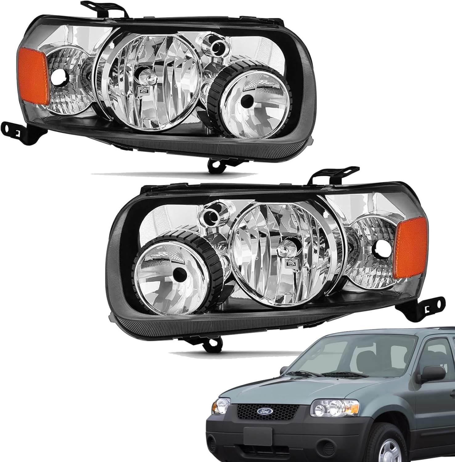 2Pcs Headlight Assembly Compatible with 2005 2006 2007 Ford Escape Headlights Headlamp Driver Passenger Side, Chrome Housing Amber Corner
