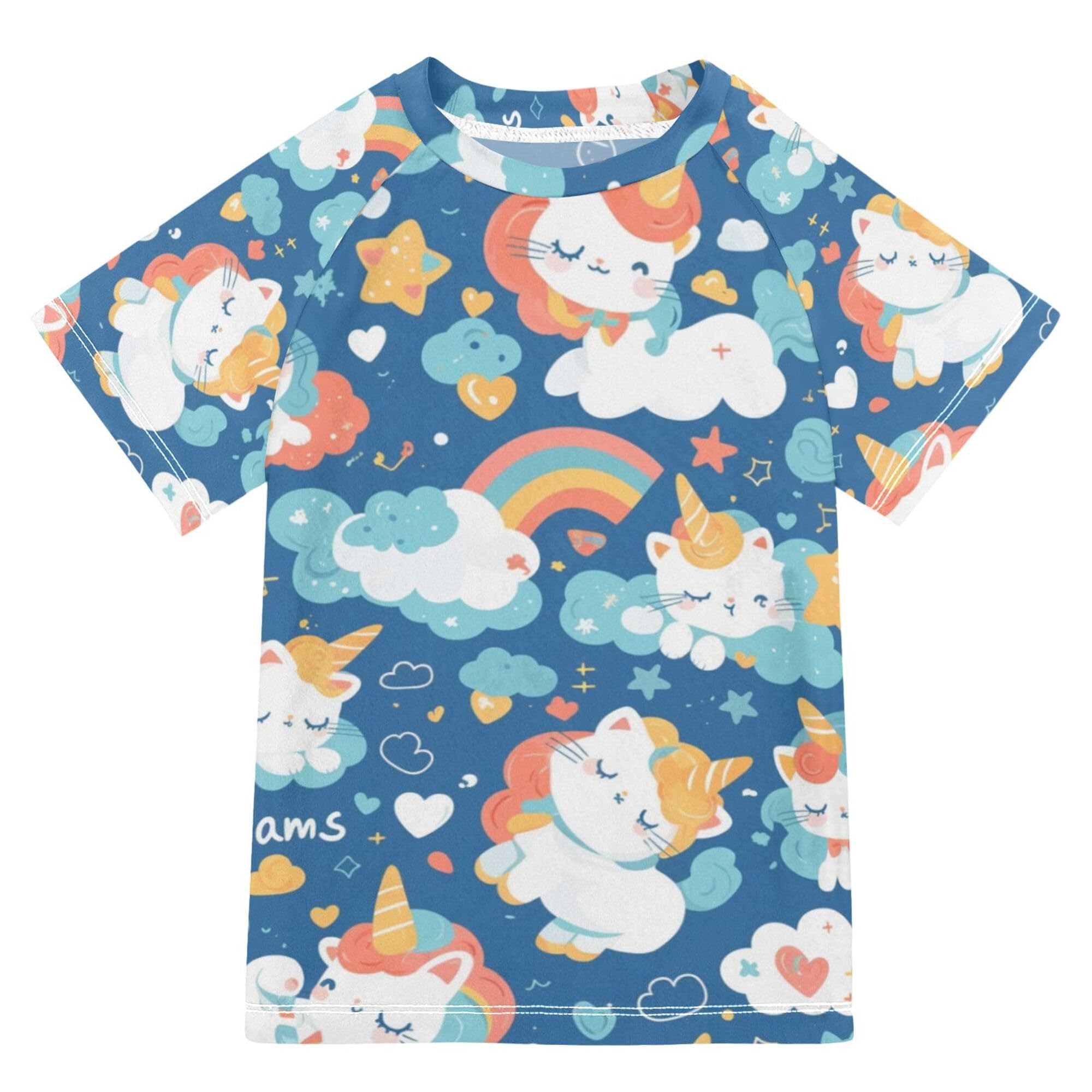 Cute Unicorns Cats Girls Bathing Suit UV Protection Rash Guard for Girls Swimwears Football Sports Shirt for Teen Boys 5-6T
