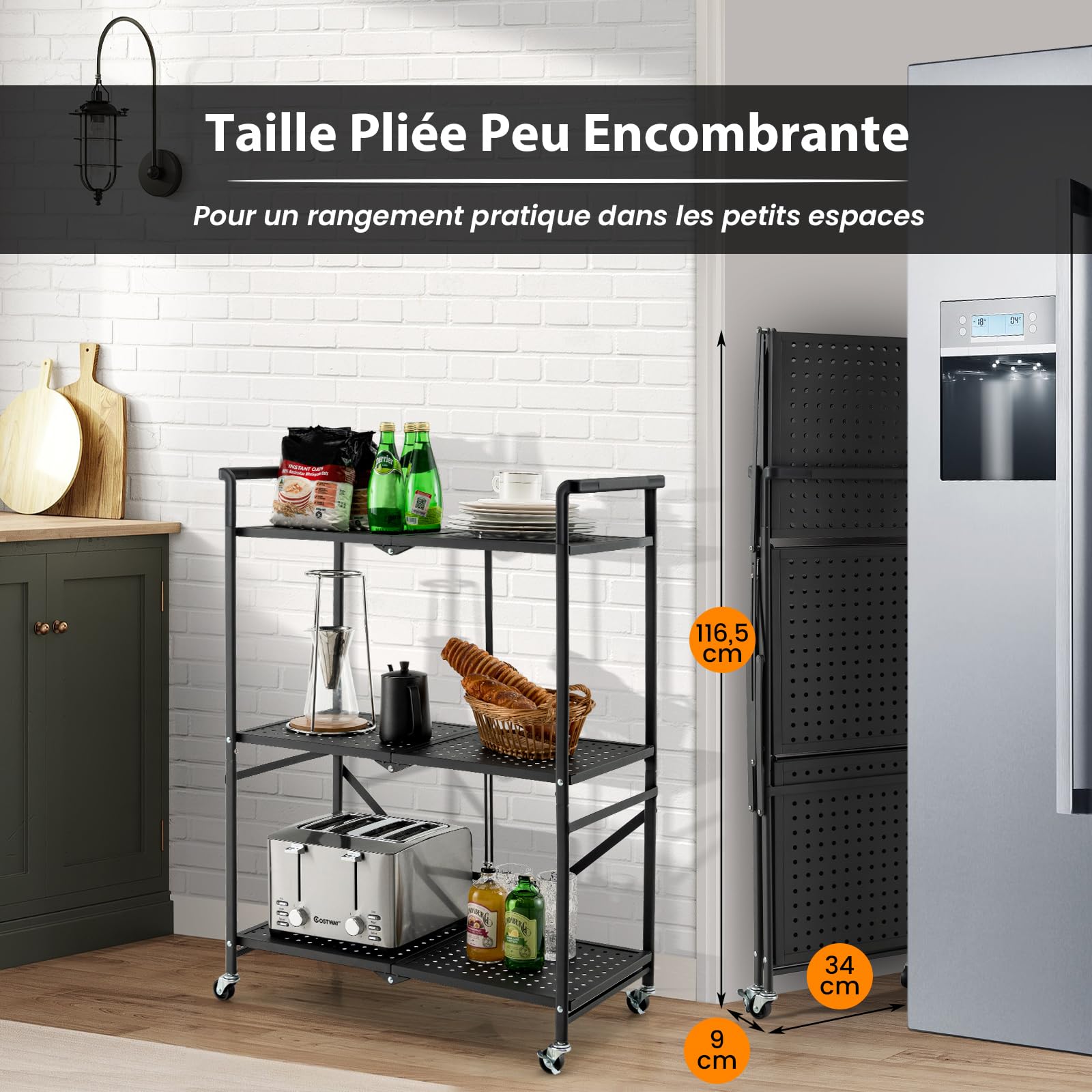 COSTWAY Chariot de Service à roulettes Pliable, Étagère de Rangement en Métal Robuste à 3 Niveaux avec 4 Roues Flexibles (2 Verrouillables), pour Cuisine, Garage, Jardin, Noir