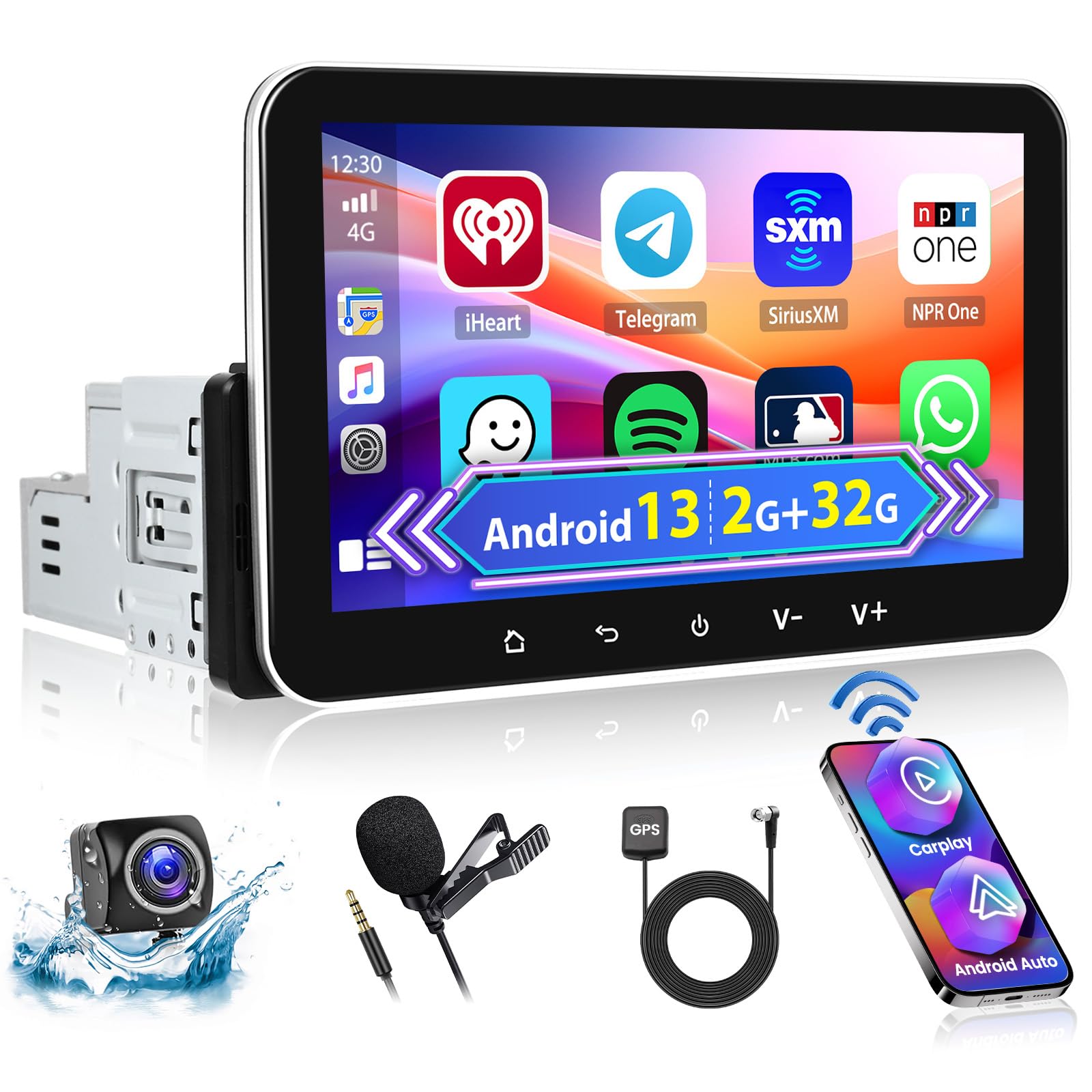 Hikity 2G+32G Android 13 Autoradio Coche 1 DIN con Carplay Android Auto, 7 Pulgadas Pantalla Táctil Radio 1 DIN Pantalla con EQ GPS WiFi Bluetooth Mirror Link FM Mic Cámara Trasera
