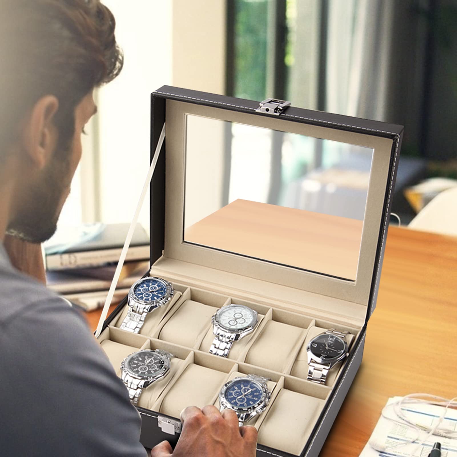 Caja de reloj con tapa, estuche para 10 relojes, caja de reloj Funda de cuero PU para reloj de hombre - negro, 25 * 20 * 8 cm
