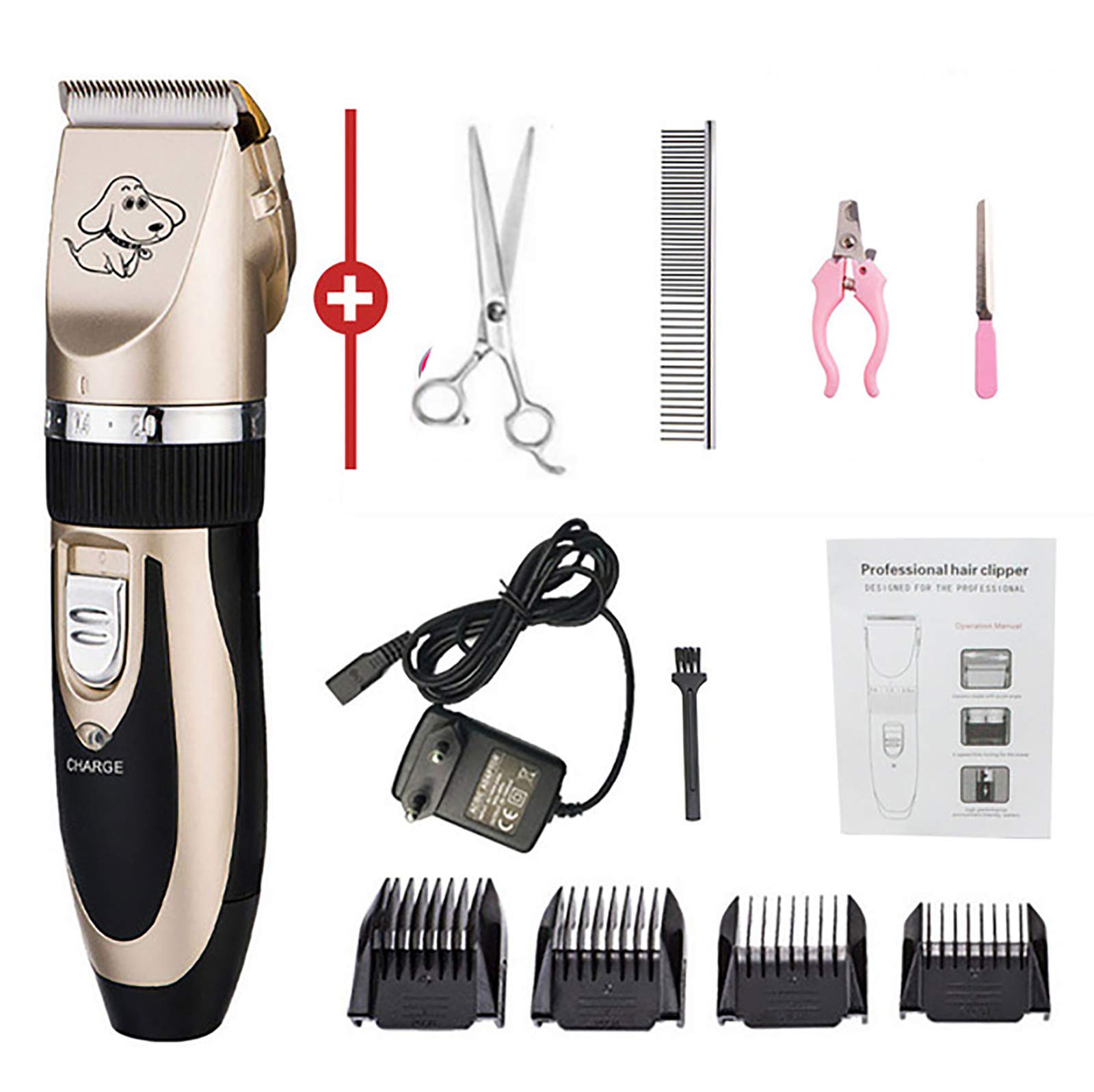 Tondeuse pour Chien Professionnelle, Tondeuse Chien Poil Long Tondeuse Silencieuse sans Fil Et Rechargeable Clippers Trimmer Pet Grooming Avec Ciseaux et Peigne Lime à ongles,Noir