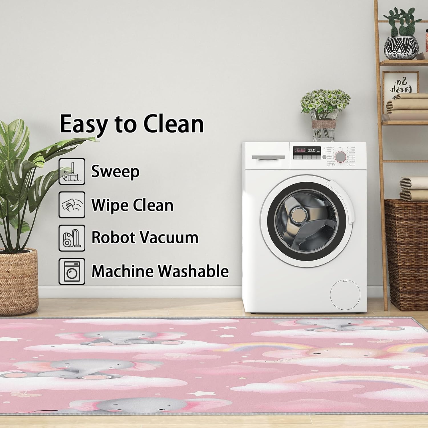 Elephant Rug Nursery - 2x3 Rug - Elephant Decor - Cute Cartoon Animal Rugs for Entryway - Rainbow Cloud Star Area Rug - Kids Girls Pink Carpet - Elephant Gifts