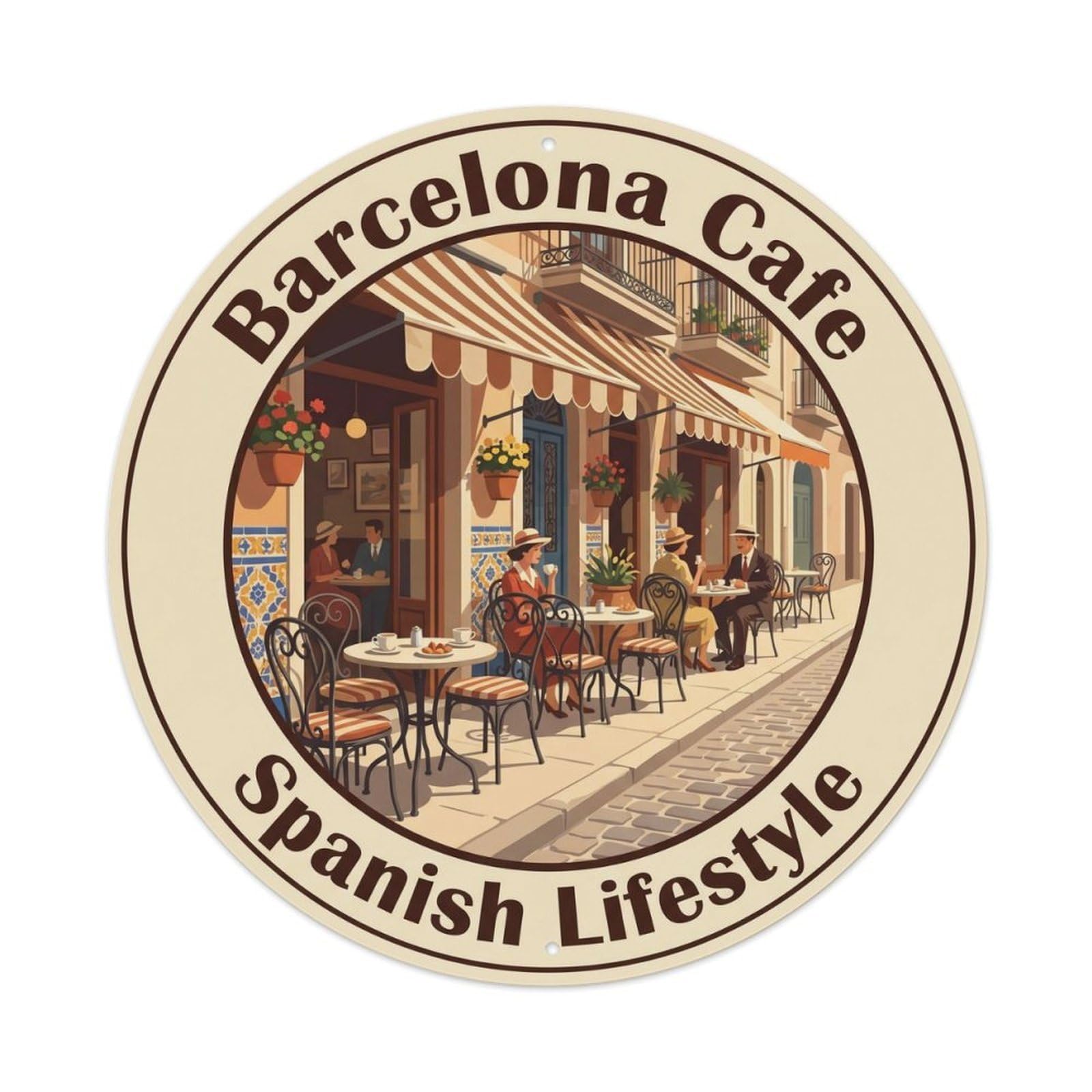 Vintage Travel Barcelona Cafe Spanish Culture 1 Metal Tin Sign Plaque Wall Decor for Cafe, Club, Garden Round Metal Poster 8x8Inch