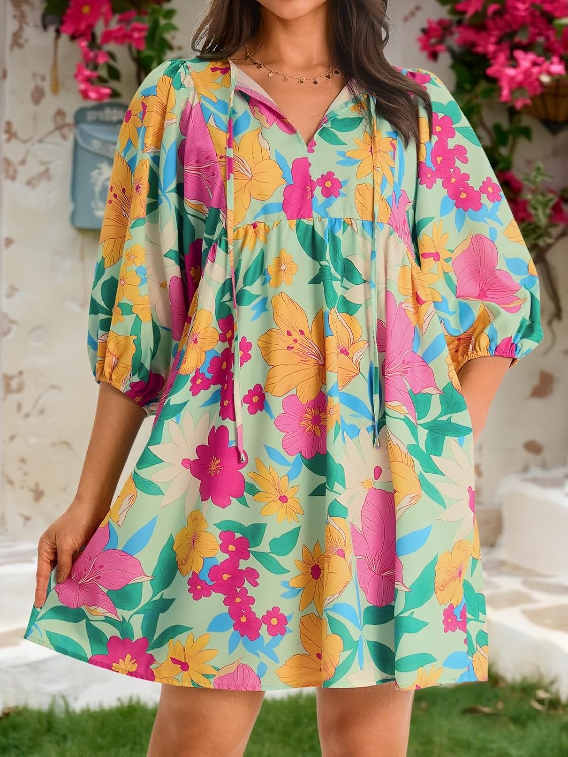 Yousify Womens Summer Dresses Floral Mini Babydoll Dress V Neck Puff Sleeve Loose Fit Boho Beach Sundress with Pockets - Image 5