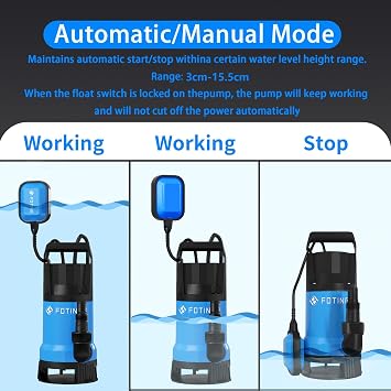 FOTING 1000W Submersible Water Pump to Empty Pool, Dirty/Clean Water, 17600 L/H Electric Sump Pump with Float Switch, Portable Water Pump for Garden Pond, Hot Tub, Pool Draining, Ditches, Silver