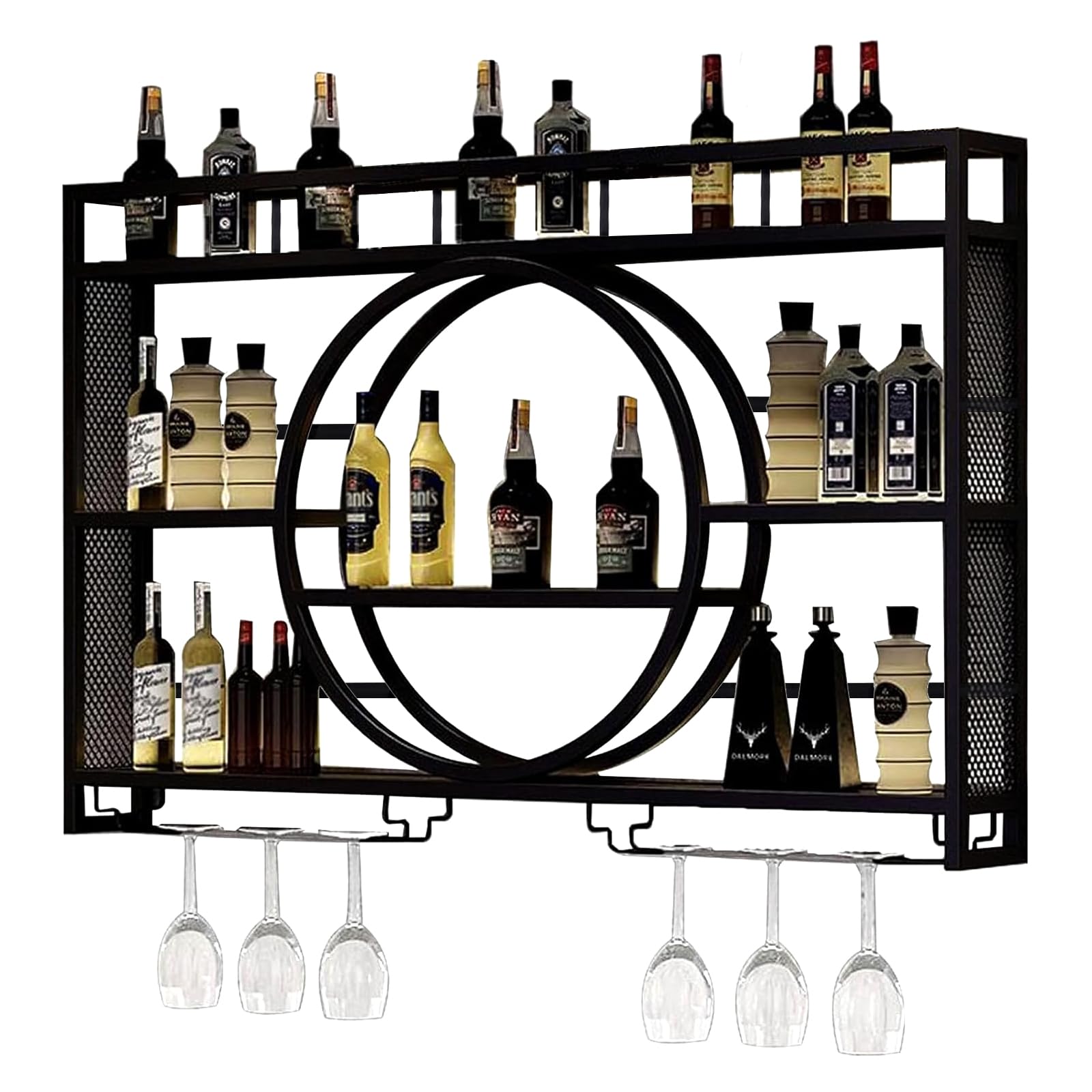 YUZINO 120cm Wine Rack Wall Mounted, 3-Tiers Iron Wall Wine Rack With Wine Glass Holder, Bar Shelves Cabinet For Home Cupboard, Restaurant, Bar Display Liquor Bottles
