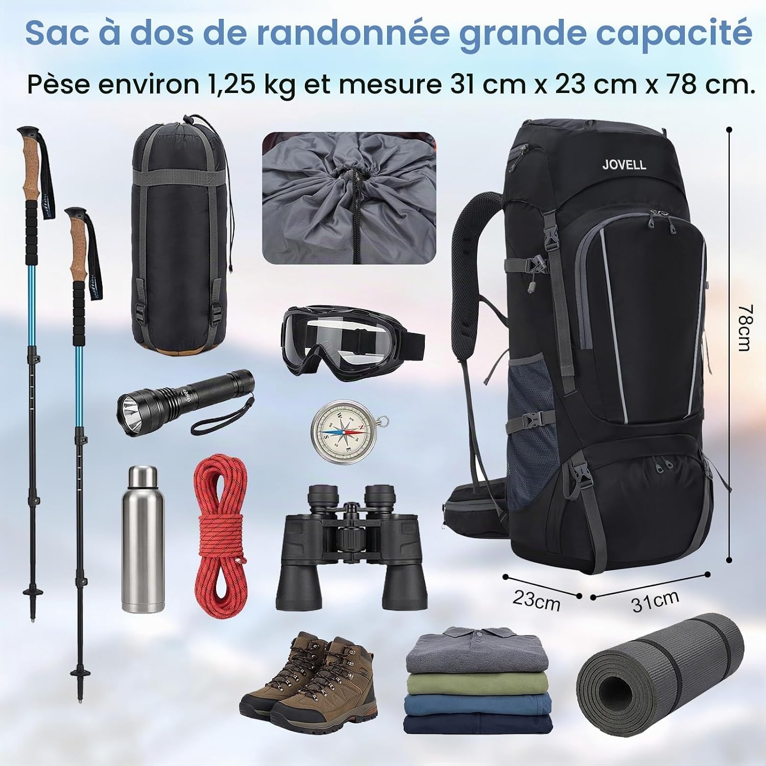 Sac à Dos de Randonnée 70L avec Couvre-pluie, Imperméable pour le Camping et le Voyage. Idéal pour les Sports Outdoor, l'Escalade, le Trekking et la Randonnée. Bagage Homme et Femme
