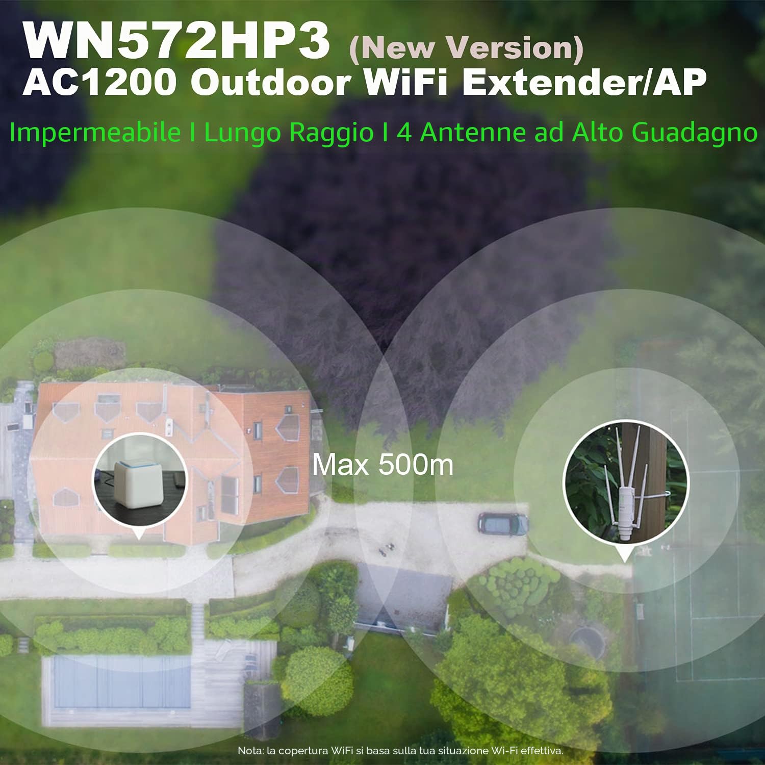 Dual-Band 2.4+5G 1200Mbps Outdoor Access Point Outdoor/Ripetitore WiFi Potente/Wireless Amplificatore WiFi/Mesh WiFi Extender (RJ45, 1xGigabit PoE LAN-Port, 802.11AC, 4 Antenne Esterne, WN572HP3)