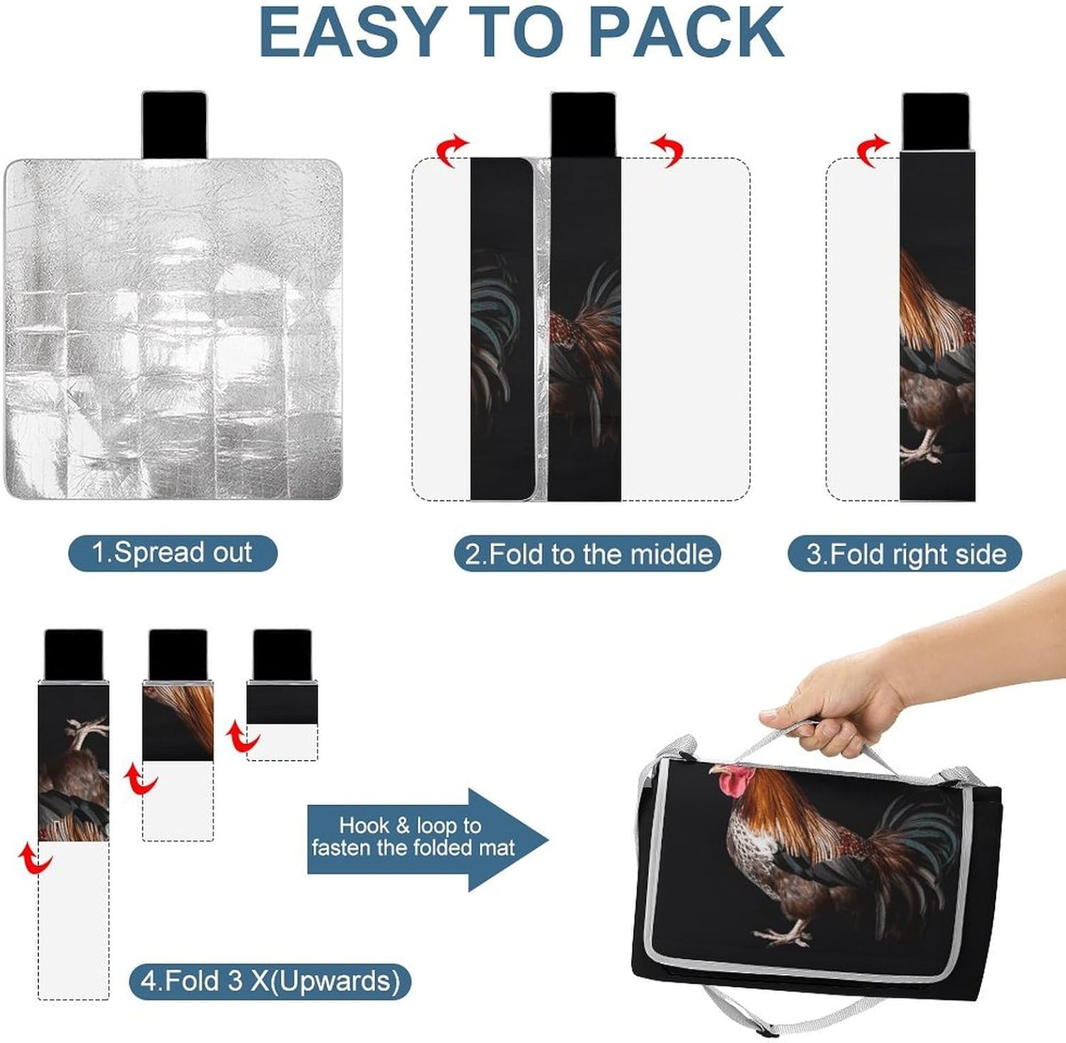 Animal Cockerel Waterproof Picnic Blanket 58.3''x58.3'',Portable and Foldable Picnic Mat with Handle,Outdoor Blankets for Lawn Park Beach Travel