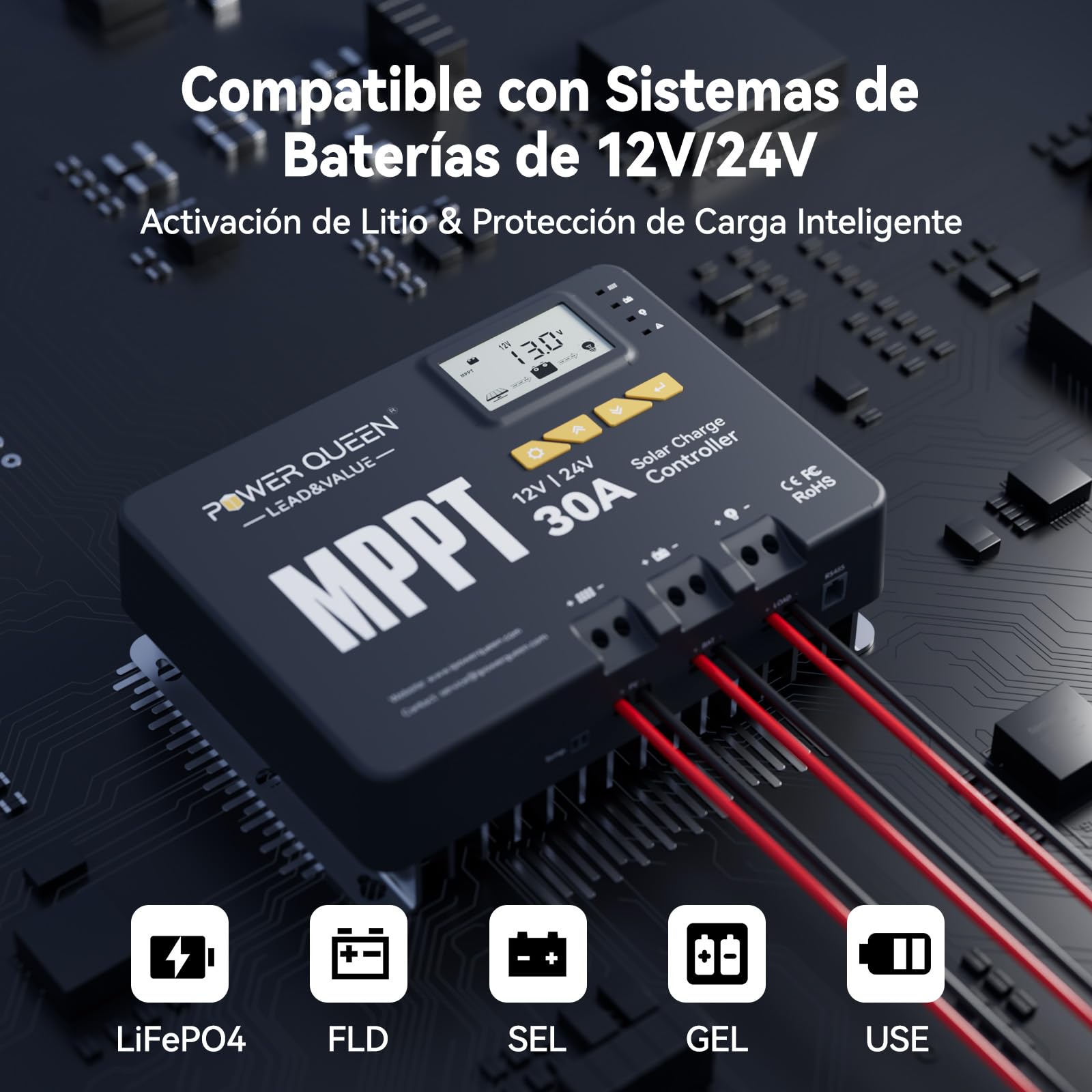 POWER QUEEN Regulador de Carga Solar MPPT 12V 24V 30A para Batería LiFePO4 | Potencia Máxima de 900W con Módulo Bluetooth Integrado y Pantalla LCD para Monitoreo en Tiempo Real de tu Energía