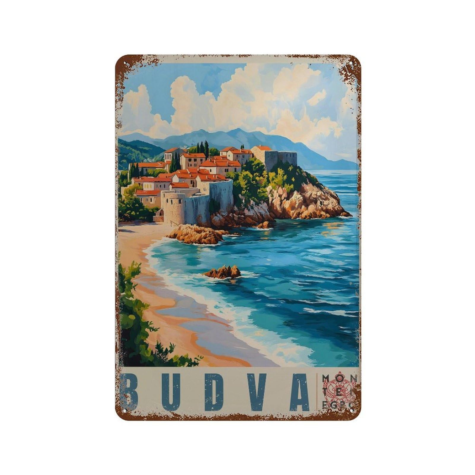 xiaoxiaoshen Budva Montenegro Travel Vibrant Coastal Modern Wall Decor Art Metal Tin Poster Modern Home Decor Art Home Bar Shop Decorations Vintage Sign 30x20cm