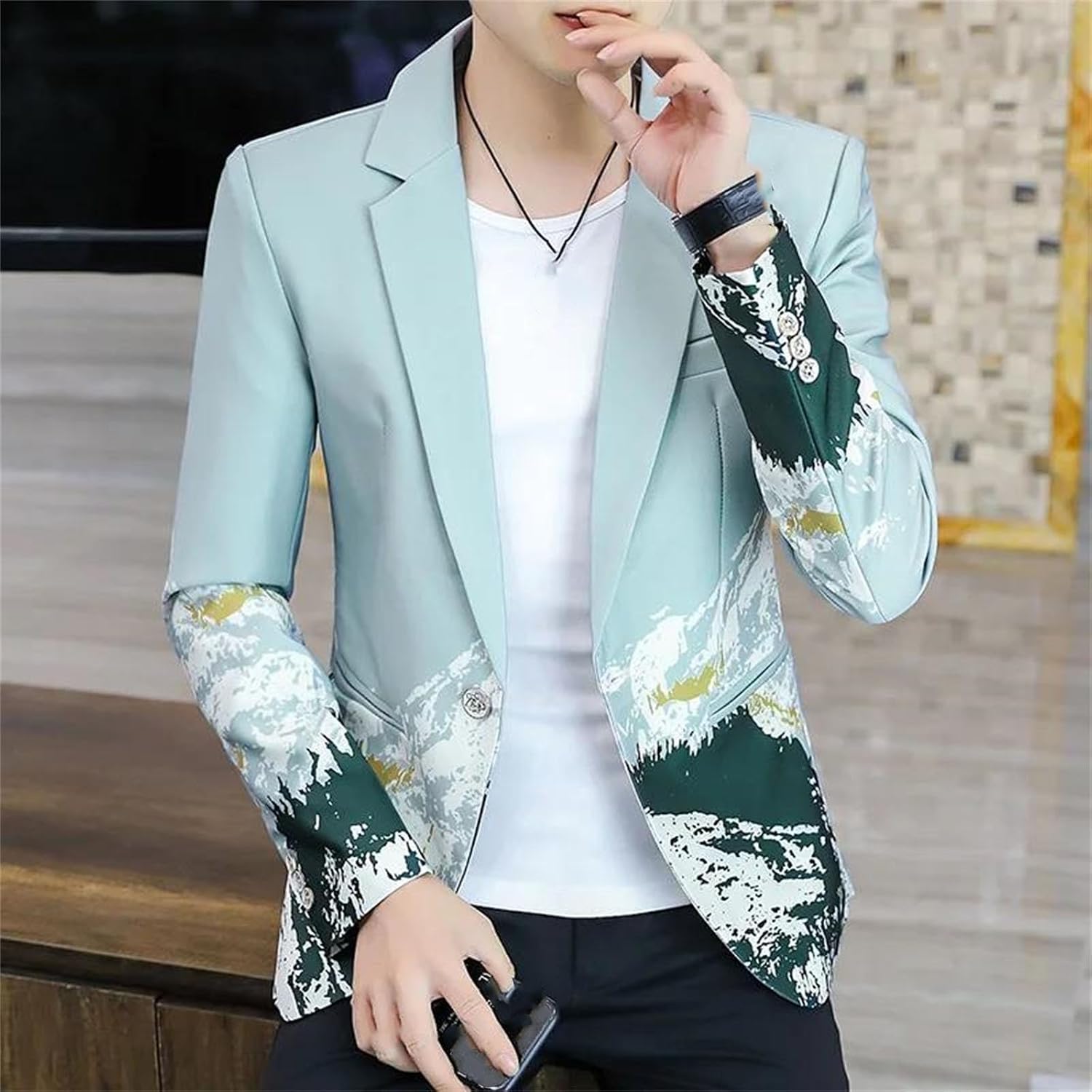 Men Slim Fit Printed Blazer Casual Business Suit Jacket Solid Color Sport Coat for Work Party