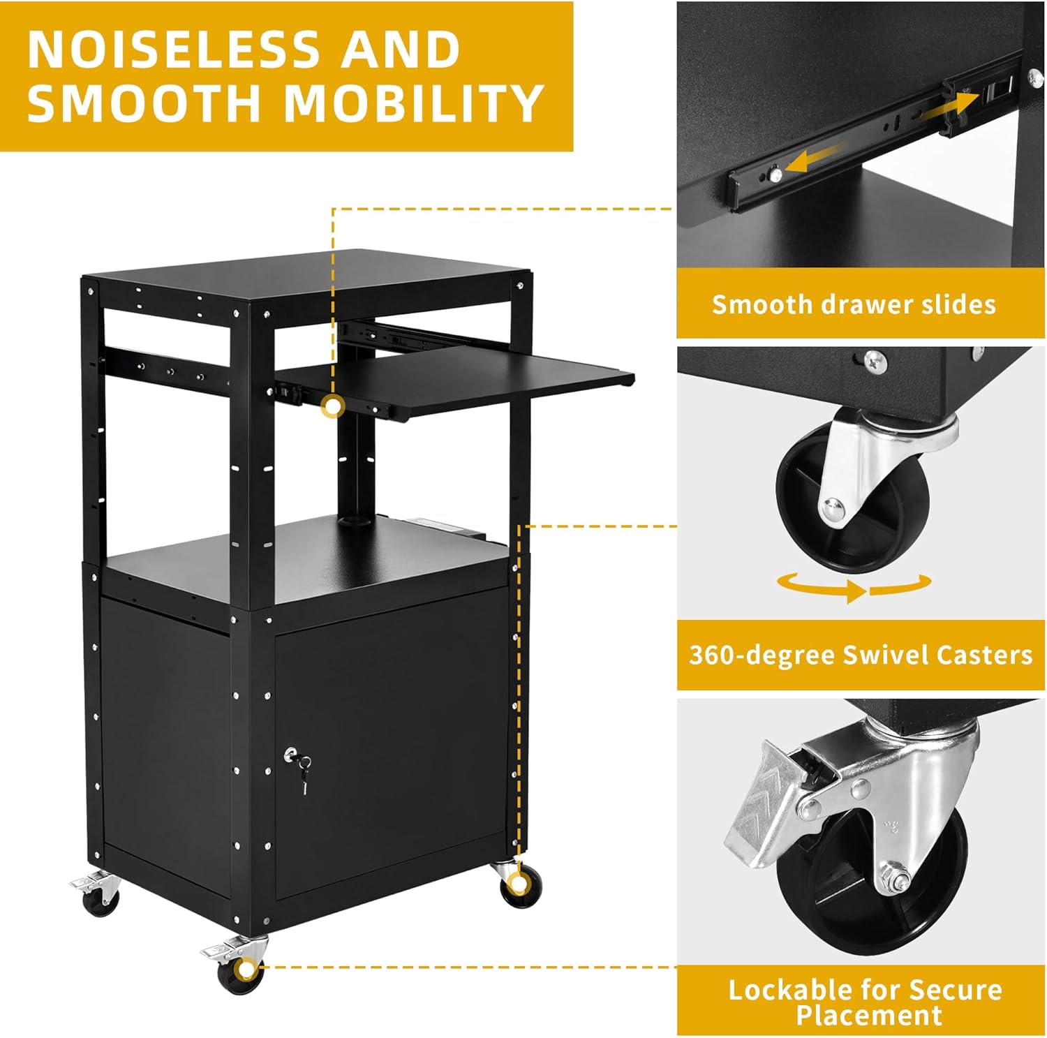 DWVO AV Cart with Locking Cabinet, Metal Presentation Cart with Wheels & Power 16.4ft Extra-Long Cord, Rolling Media Cart with Keyboard Tray for Computer Laptop Projector Printer Black